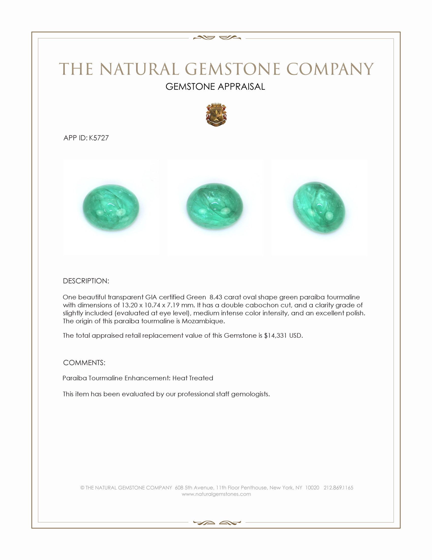 8.43 Ct. Cabochon Paraiba Tourmaline from Mozambique