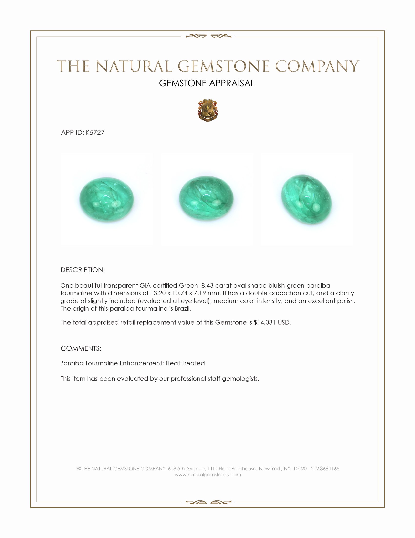 8.43 Ct. Cabochon Paraiba Tourmaline from Brazil