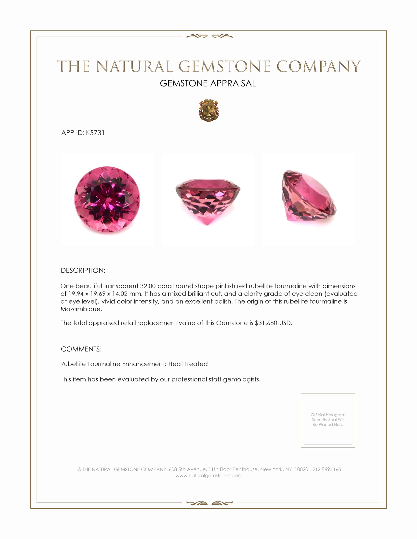 32.00 Ct. Rubellite Tourmaline from Mozambique