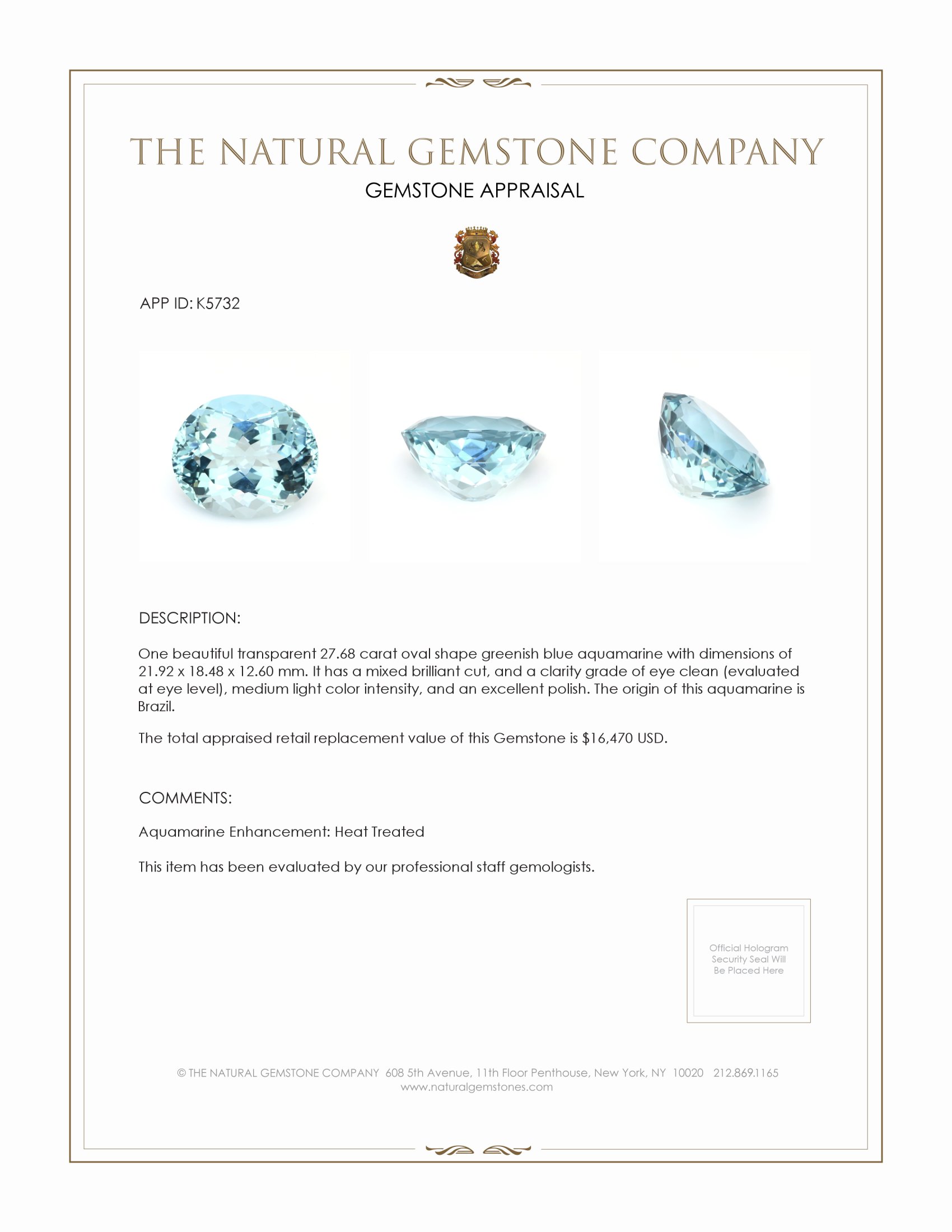 27.68 Ct. Aquamarine from Brazil