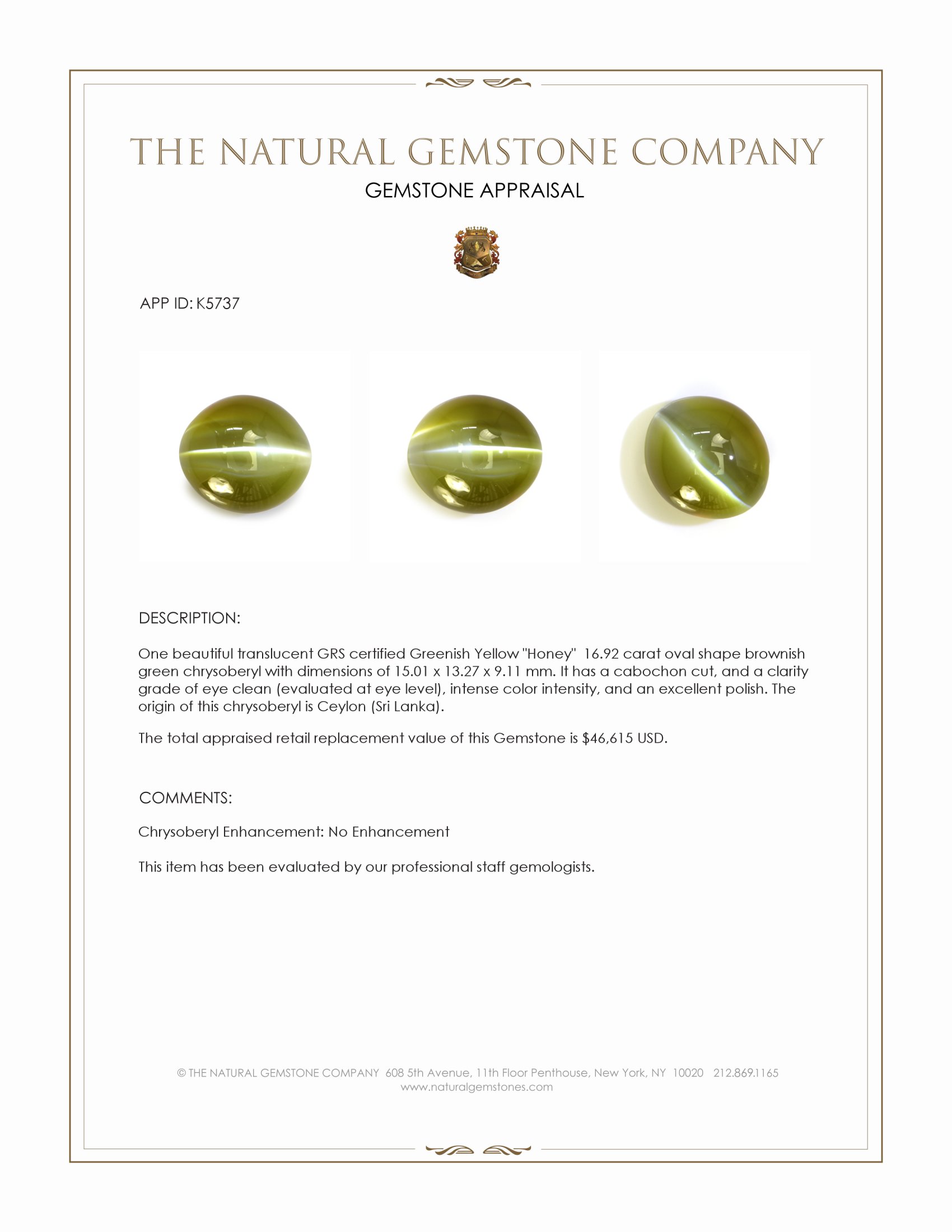 16.92 Ct. Brownish Green Cabochon Chrysoberyl from Ceylon (Sri Lanka)