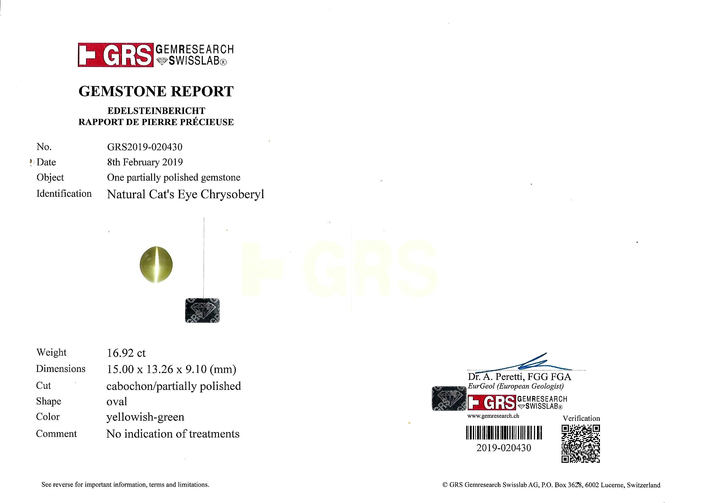 16.92 Ct. Cabochon Chrysoberyl from Ceylon (Sri Lanka)