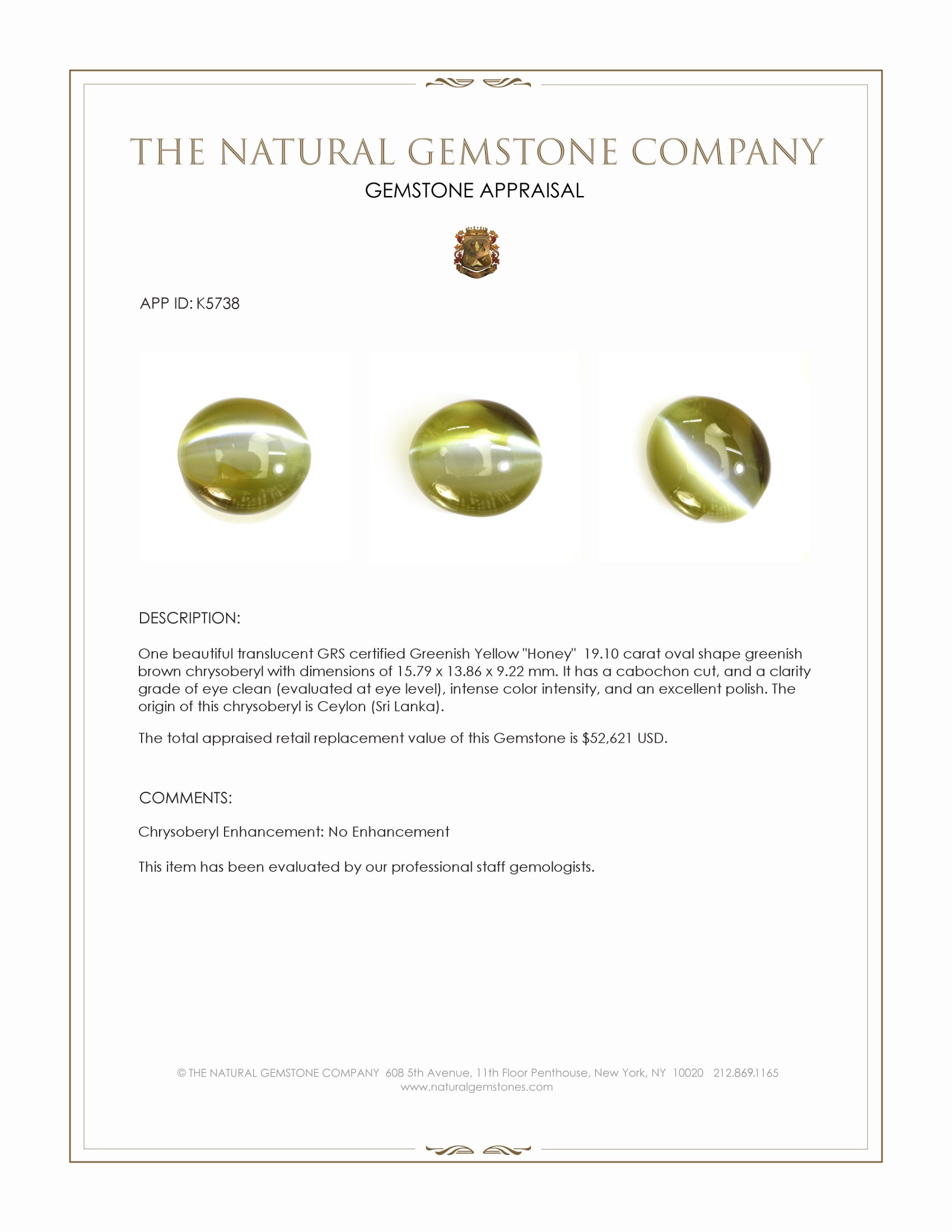 19.10 Ct. Greenish Brown Cabochon Chrysoberyl from Ceylon (Sri Lanka)