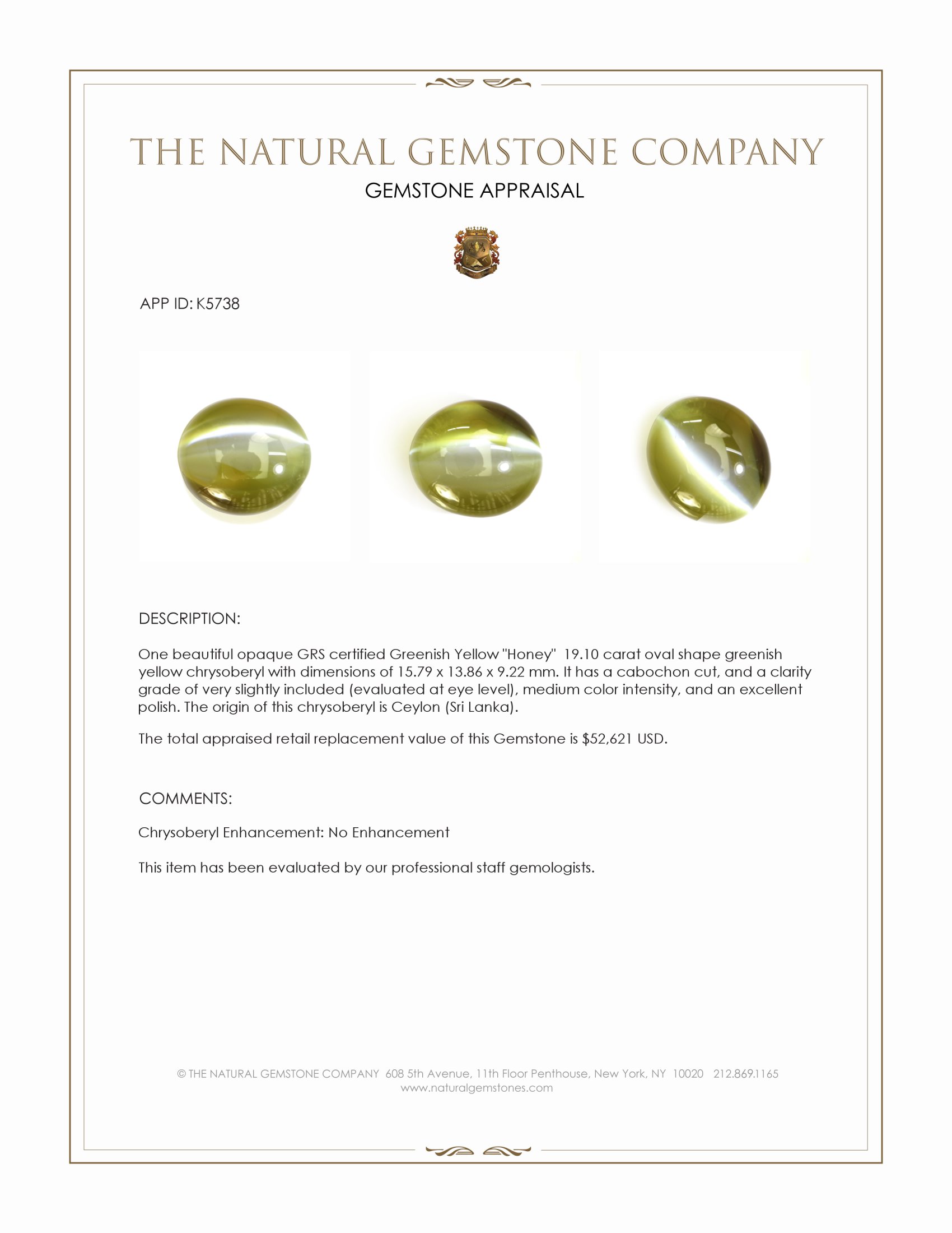 19.10 Ct. Greenish Yellow Cabochon Chrysoberyl from Ceylon (Sri Lanka)