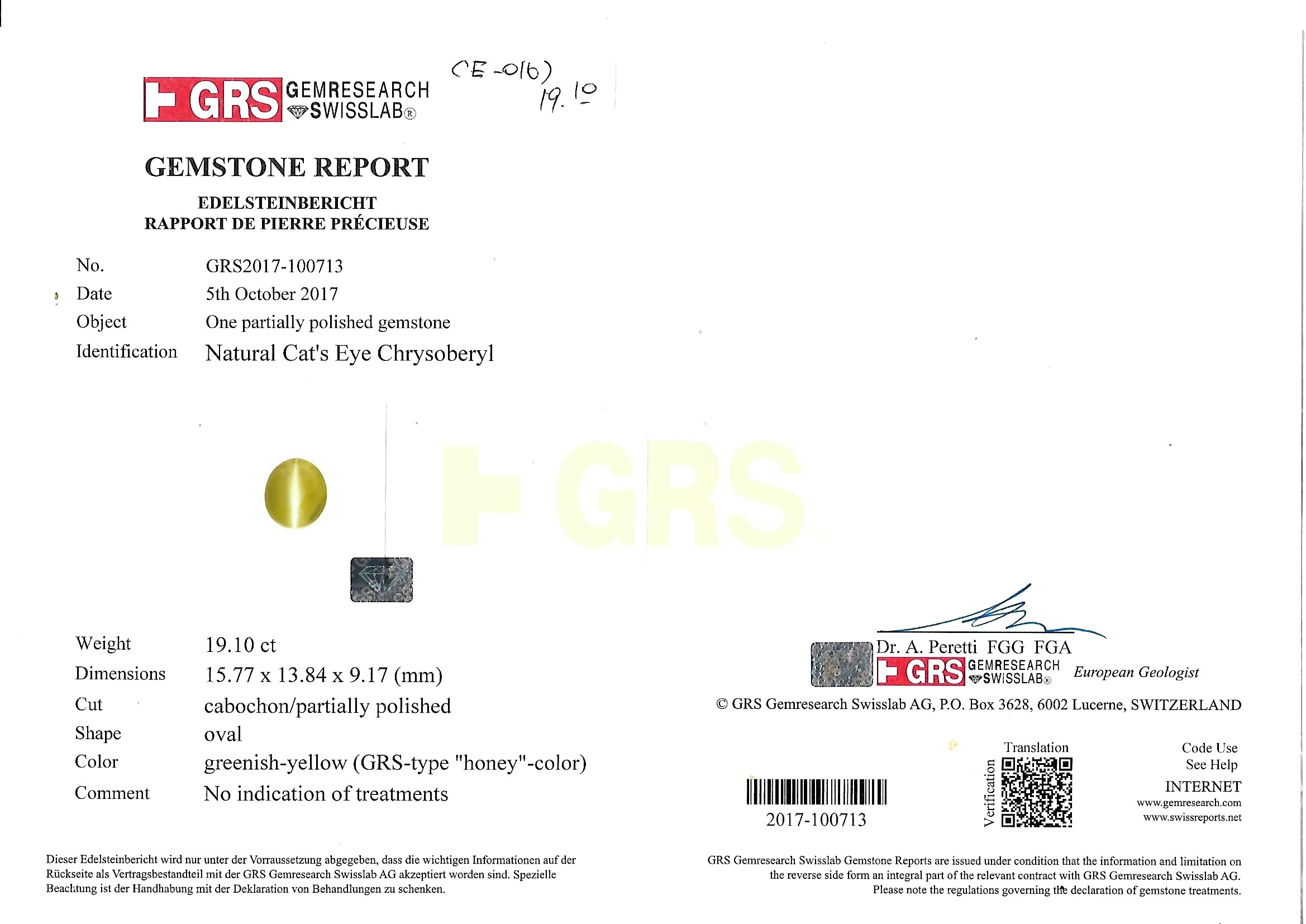 19.10 Ct. Cabochon Chrysoberyl from Ceylon (Sri Lanka)