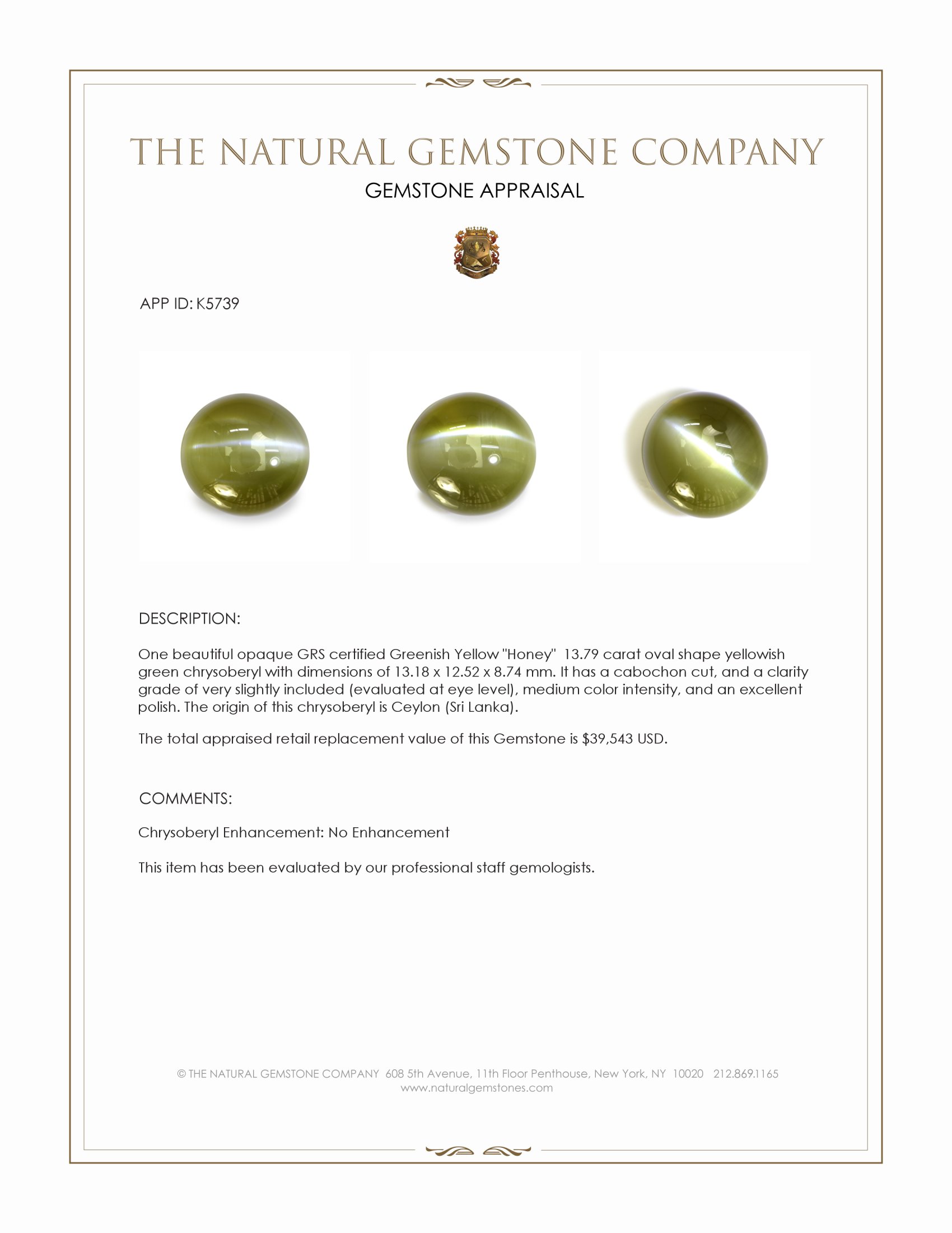 13.79 Ct. Brownish Green Cabochon Chrysoberyl from Ceylon (Sri Lanka)