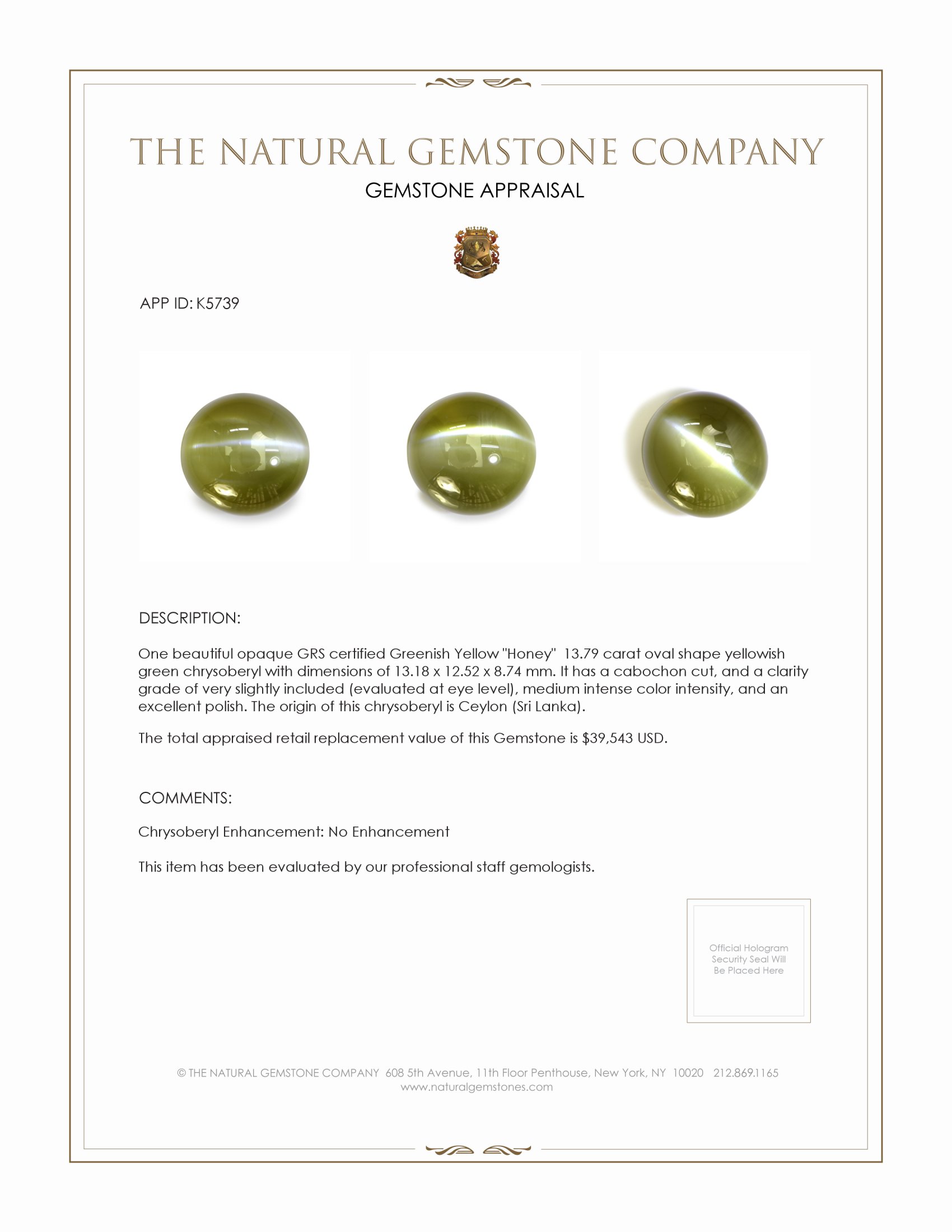 13.79 Ct. Cabochon Chrysoberyl from Ceylon (Sri Lanka)