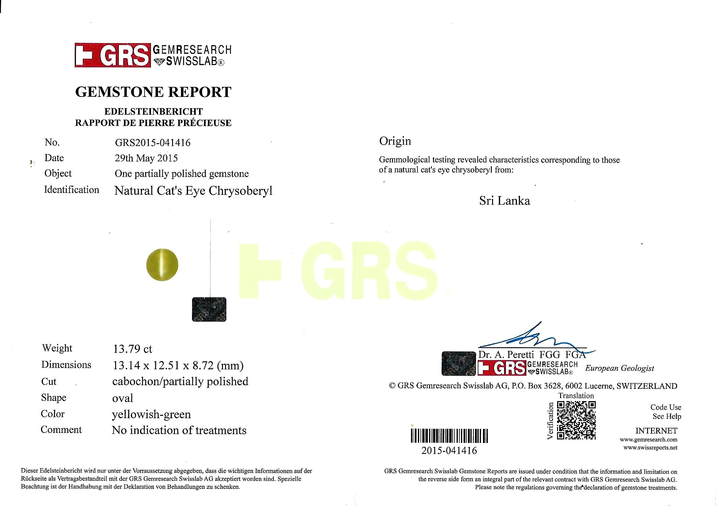 13.79 Ct. Cabochon Chrysoberyl from Ceylon (Sri Lanka)
