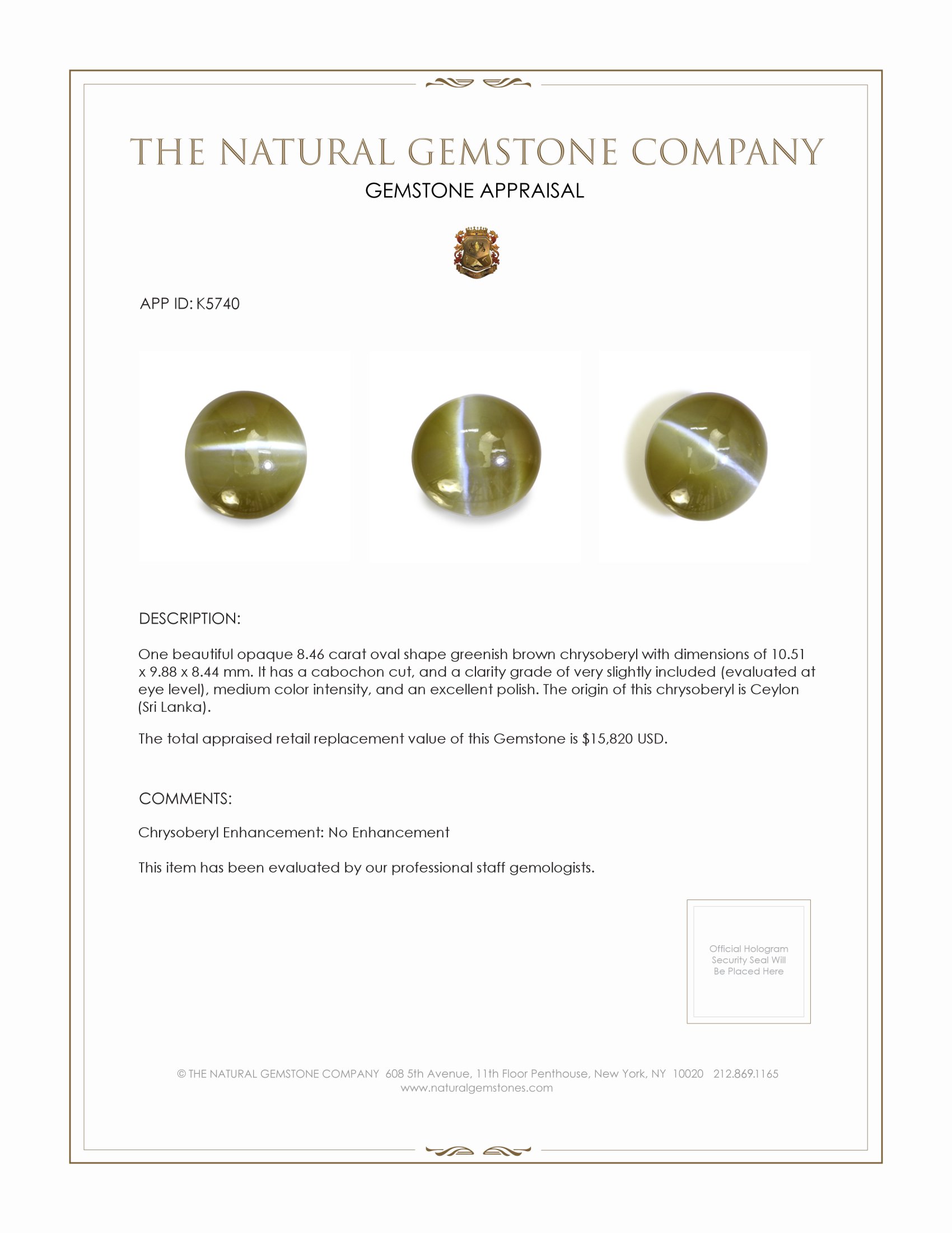 8.46 Ct. Cabochon Chrysoberyl from Ceylon (Sri Lanka)