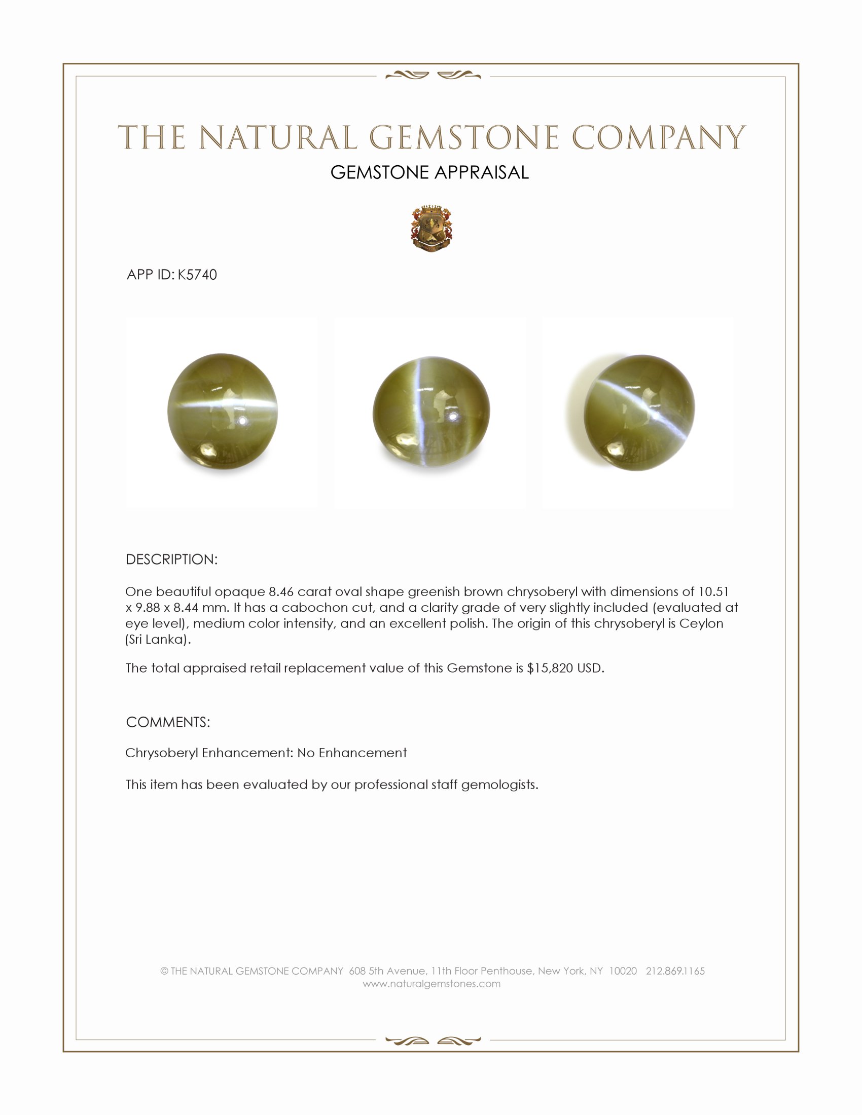 8.46 Ct. Greenish Brown Cabochon Chrysoberyl from Ceylon (Sri Lanka)