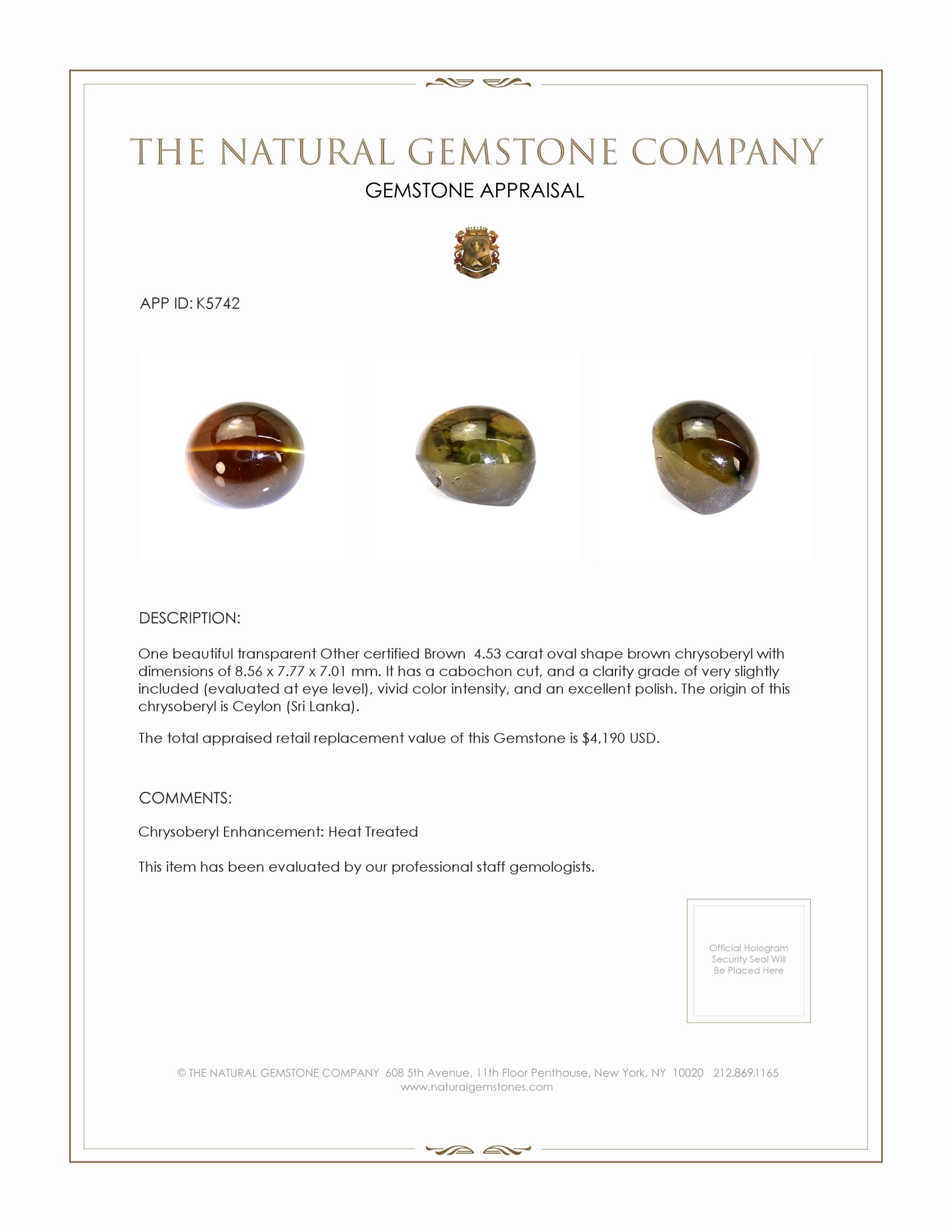 4.53 Ct. Cabochon Chrysoberyl from Ceylon (Sri Lanka)