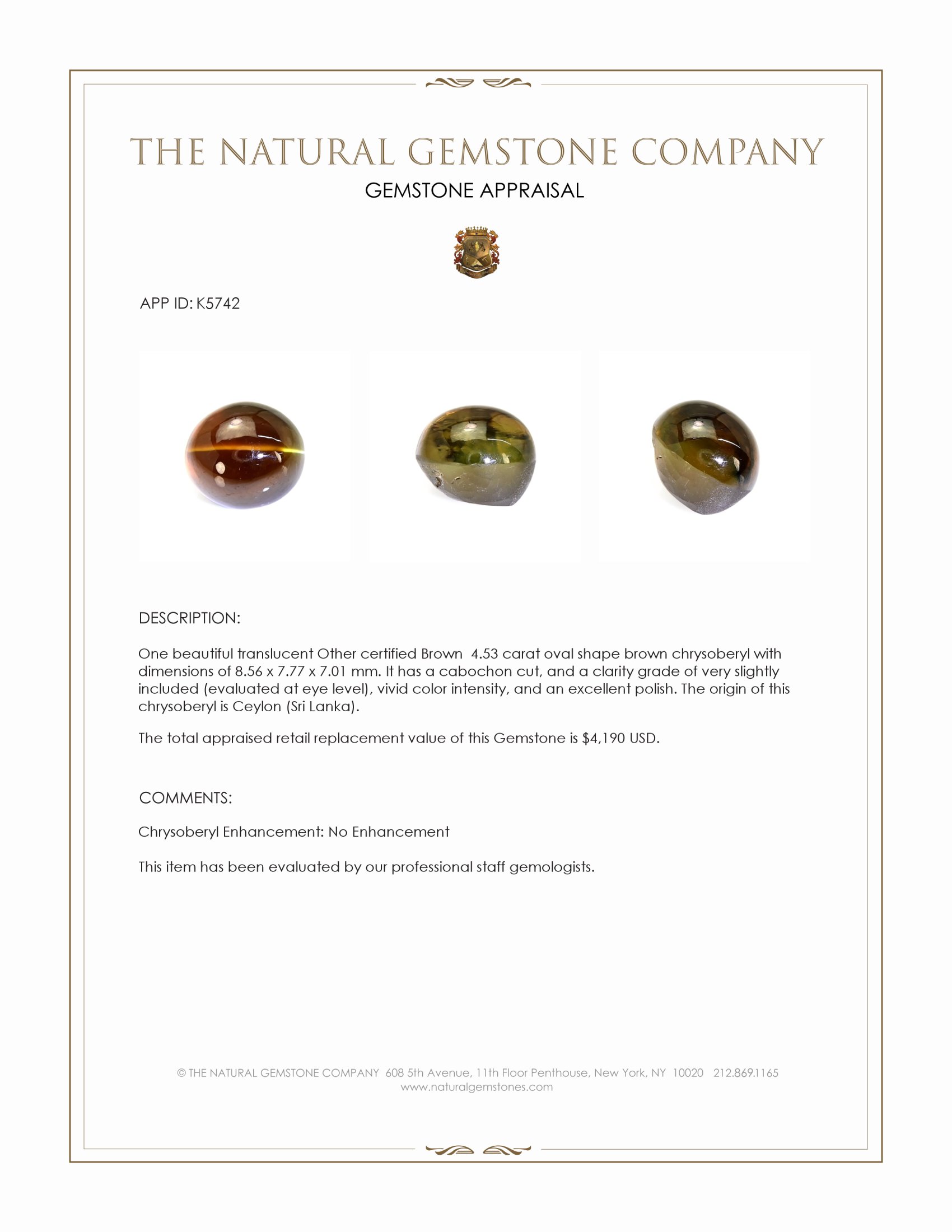 4.53 Ct. Cabochon Chrysoberyl from Ceylon (Sri Lanka)