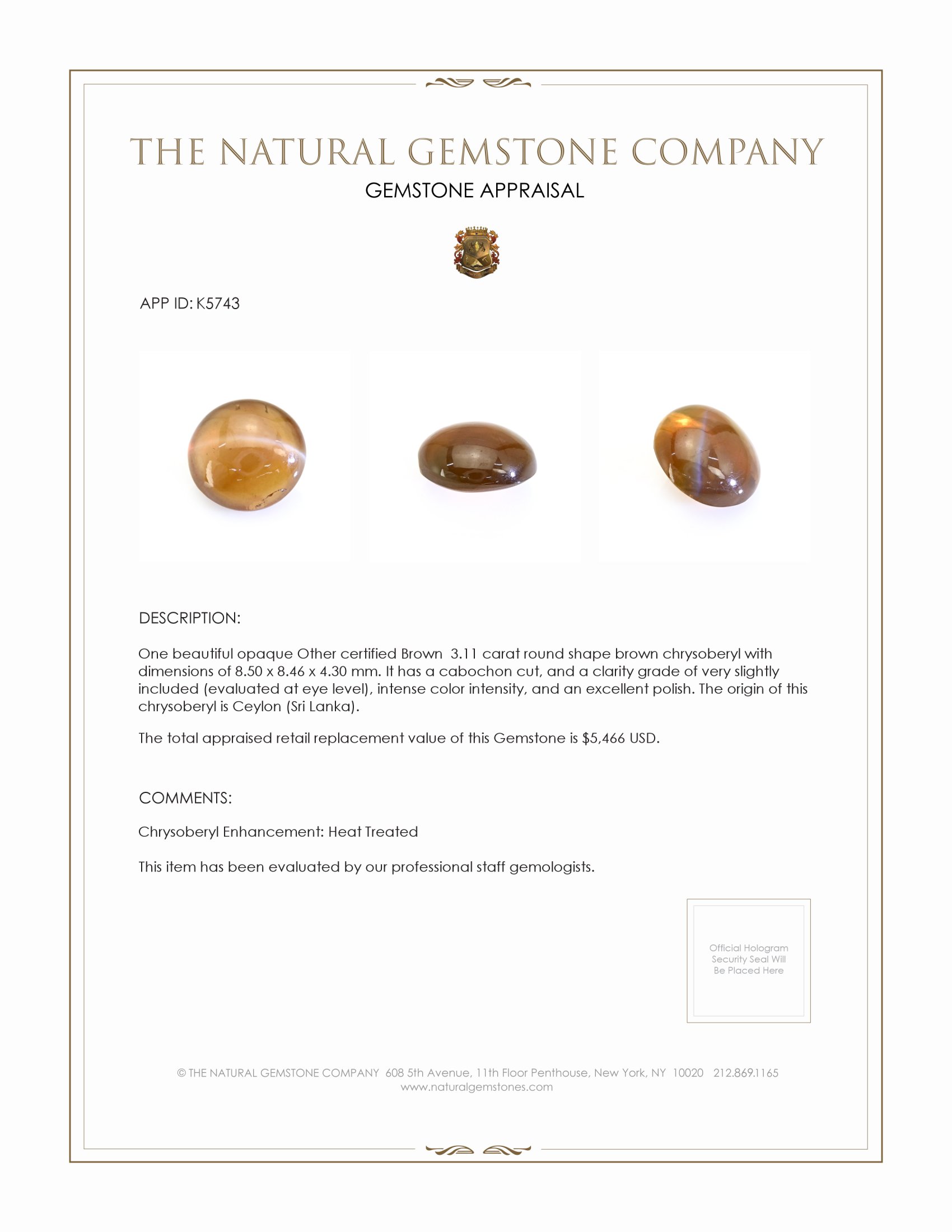 3.11 Ct. Cabochon Chrysoberyl from Ceylon (Sri Lanka)