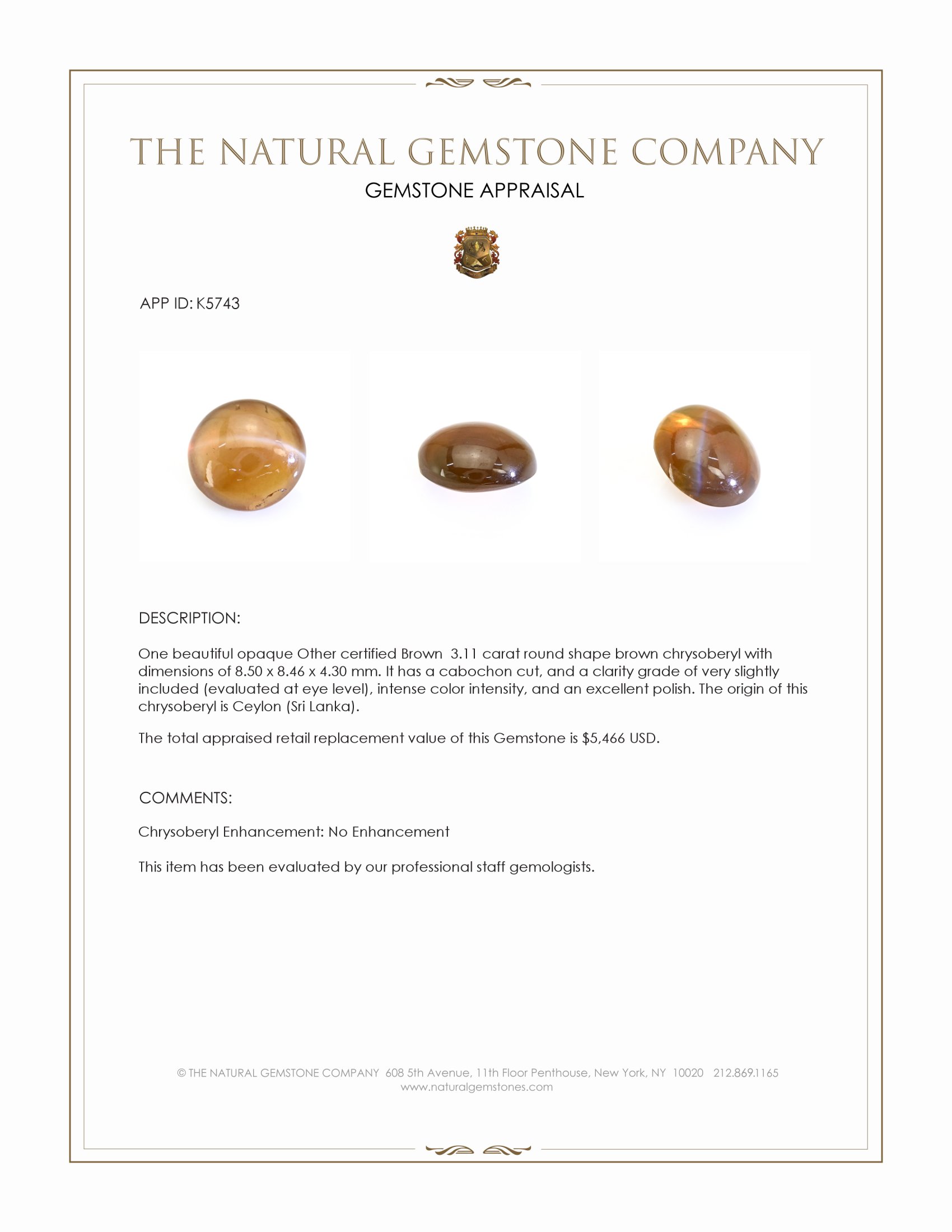 3.11 Ct. Cabochon Chrysoberyl from Ceylon (Sri Lanka)