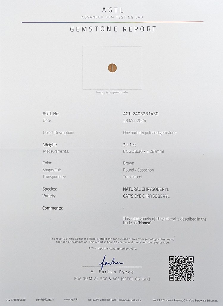 3.11 Ct. Cabochon Chrysoberyl from Ceylon (Sri Lanka)