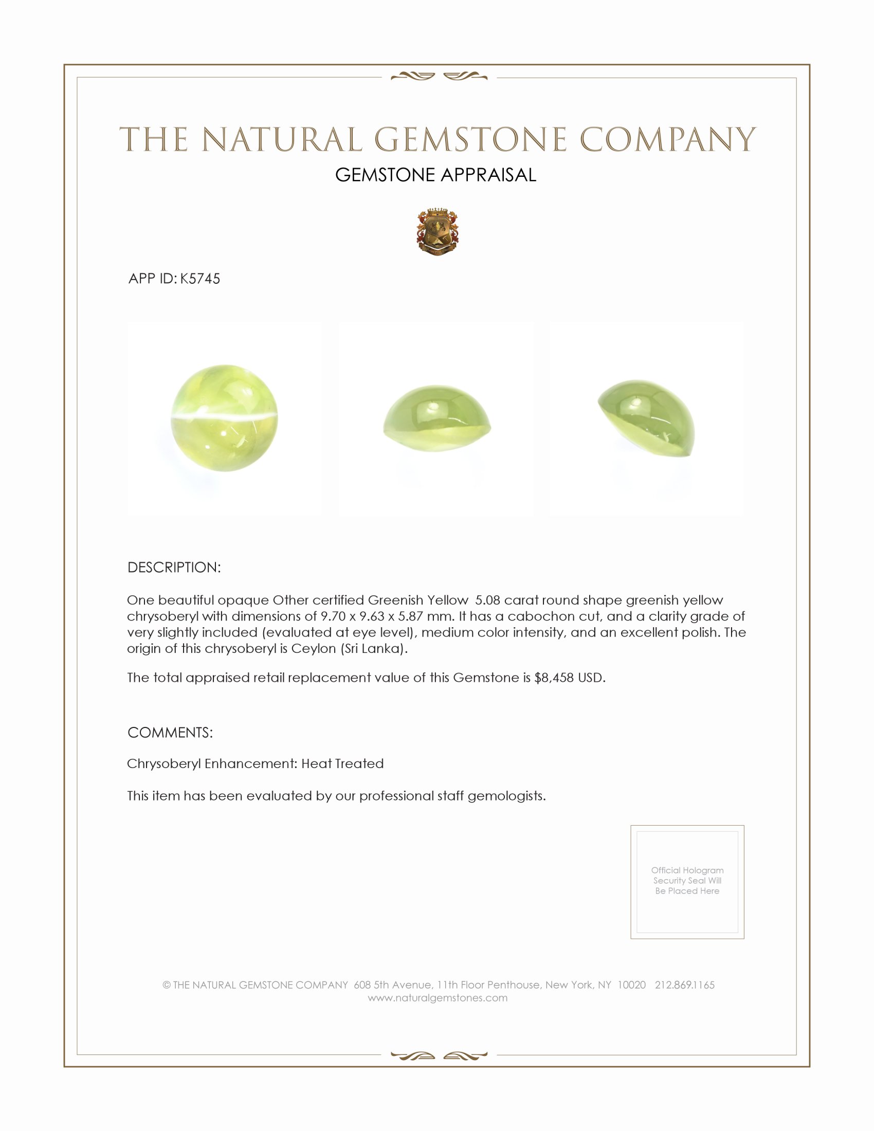 5.08 Ct. Cabochon Chrysoberyl from Ceylon (Sri Lanka)