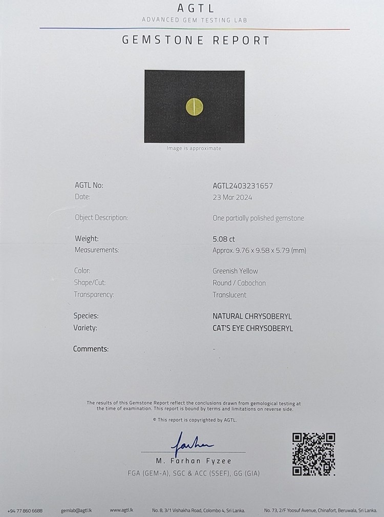 5.08 Ct. Cabochon Chrysoberyl from Ceylon (Sri Lanka)
