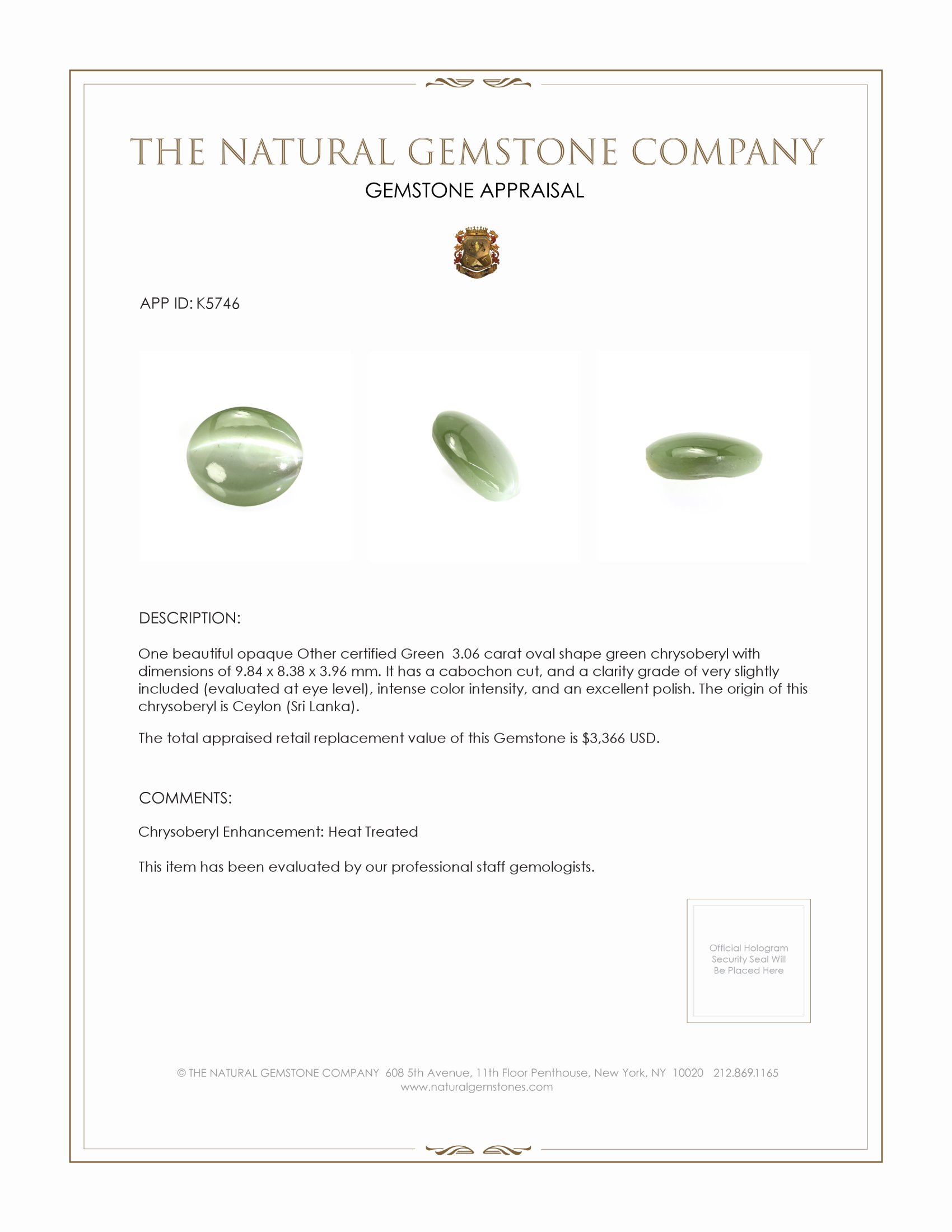 3.06 Ct. Cabochon Chrysoberyl from Ceylon (Sri Lanka)