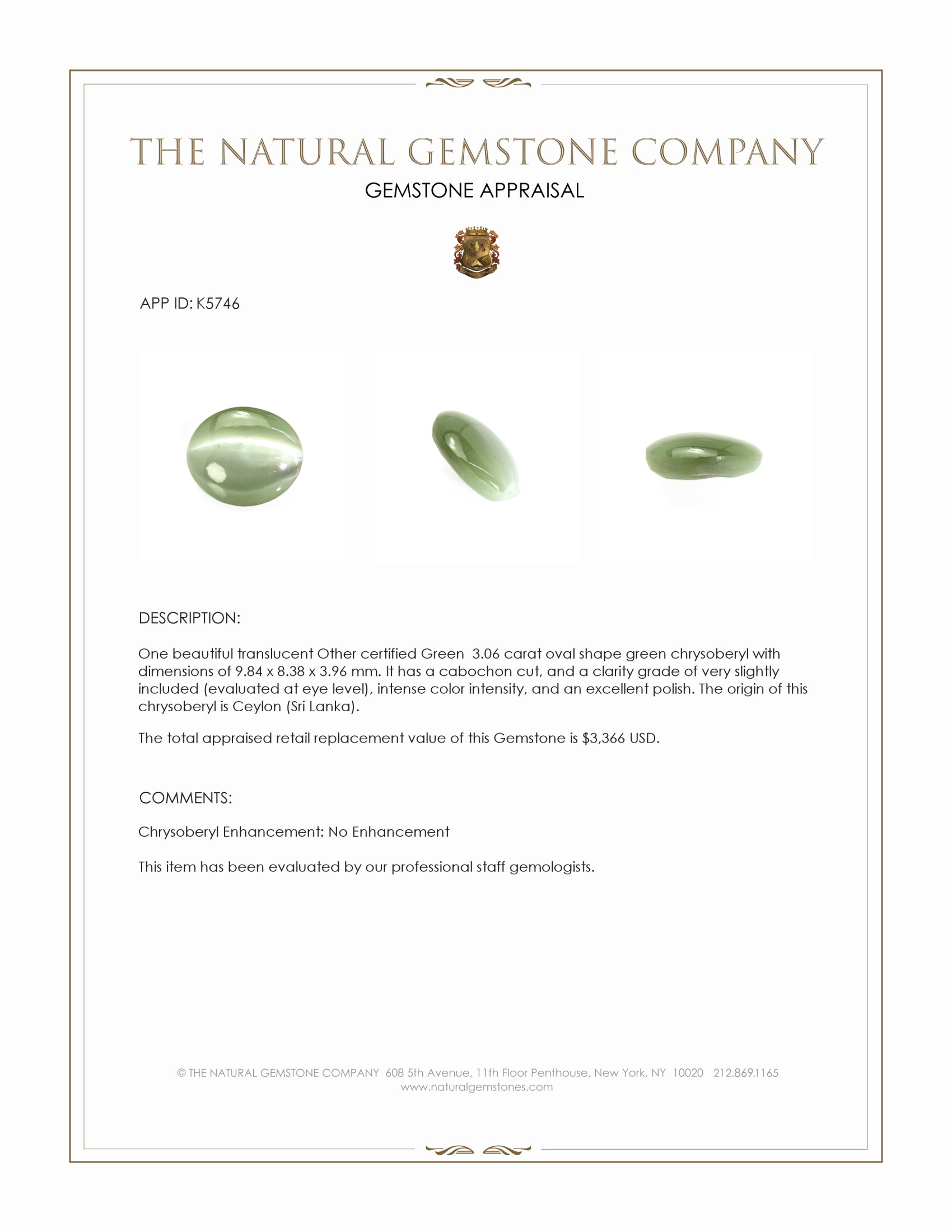 3.06 Ct. Cabochon Chrysoberyl from Ceylon (Sri Lanka)