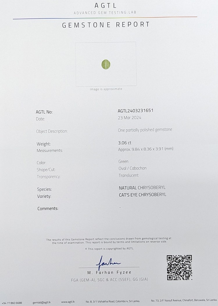 3.06 Ct. Cabochon Chrysoberyl from Ceylon (Sri Lanka)