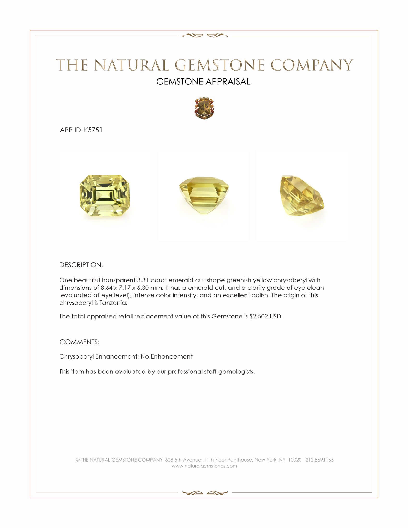 3.31 Ct. Greenish Yellow Chrysoberyl from Tanzania