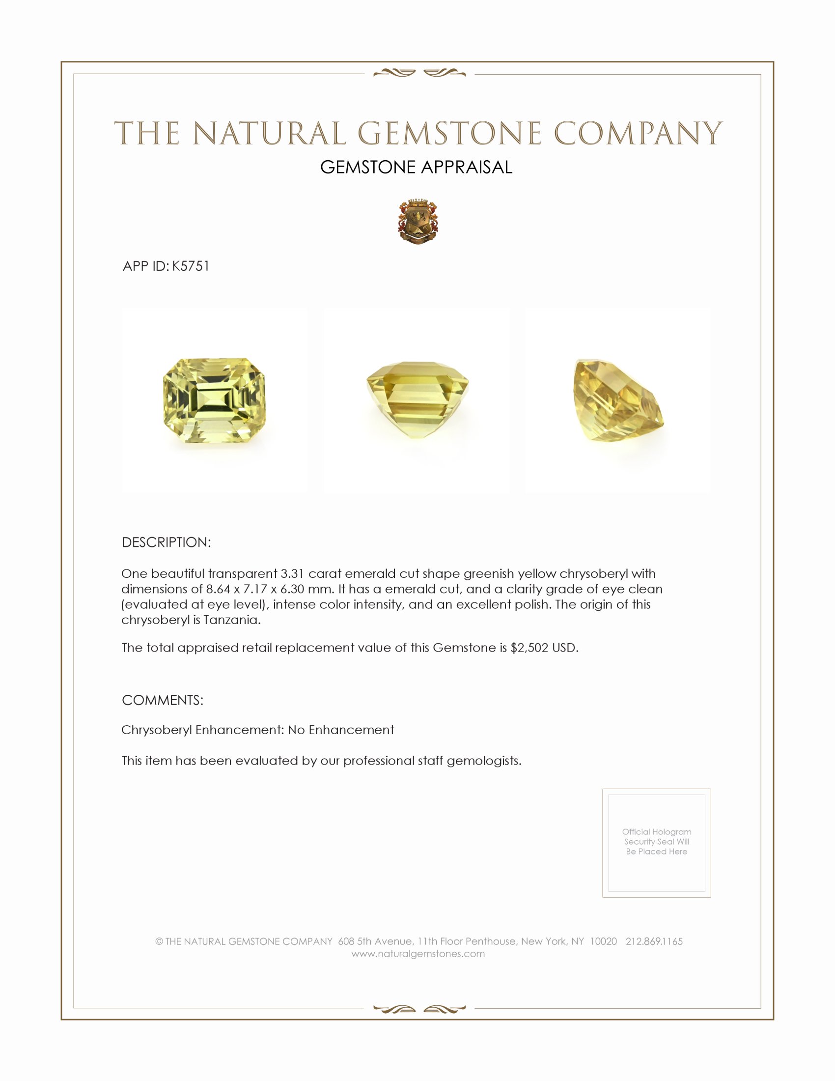 3.31 Ct. Chrysoberyl from Tanzania