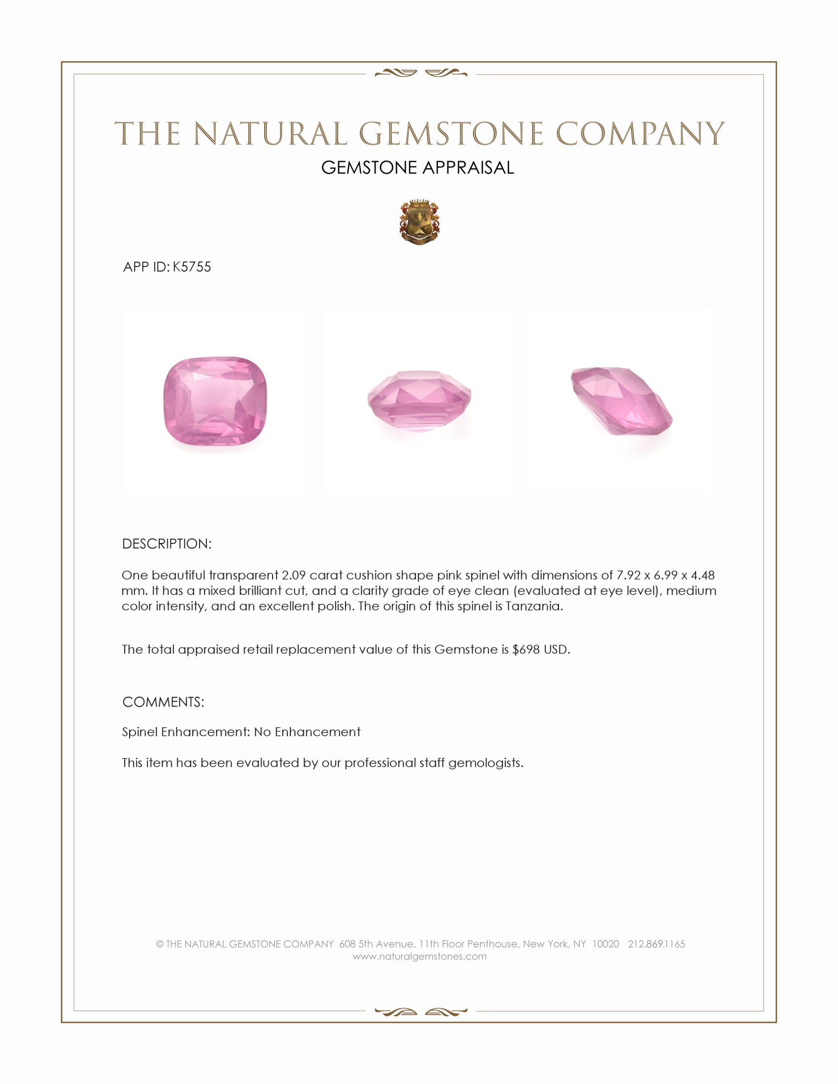 2.09 Ct. Pink Spinel from Tanzania