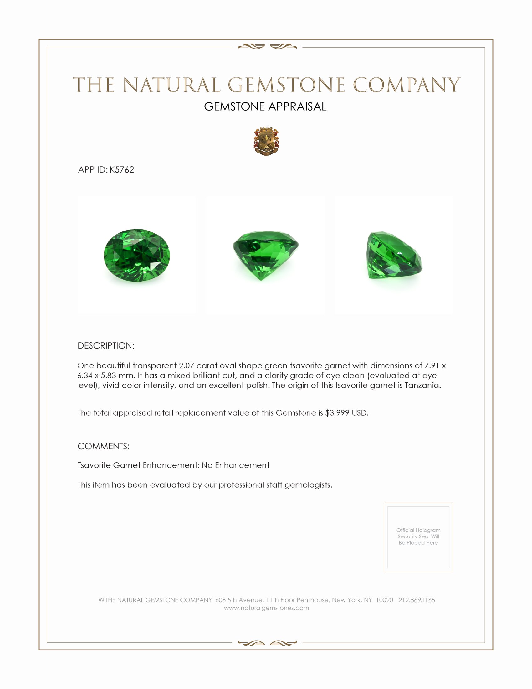 2.07 Ct. Tsavorite Garnet from Tanzania