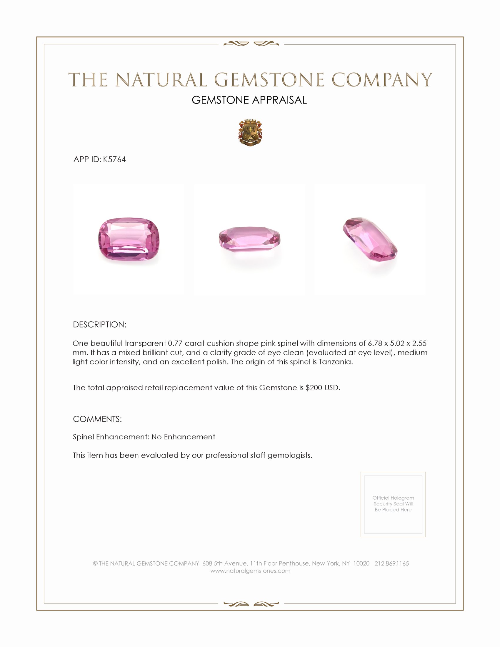 0.77 Ct. Spinel from Tanzania
