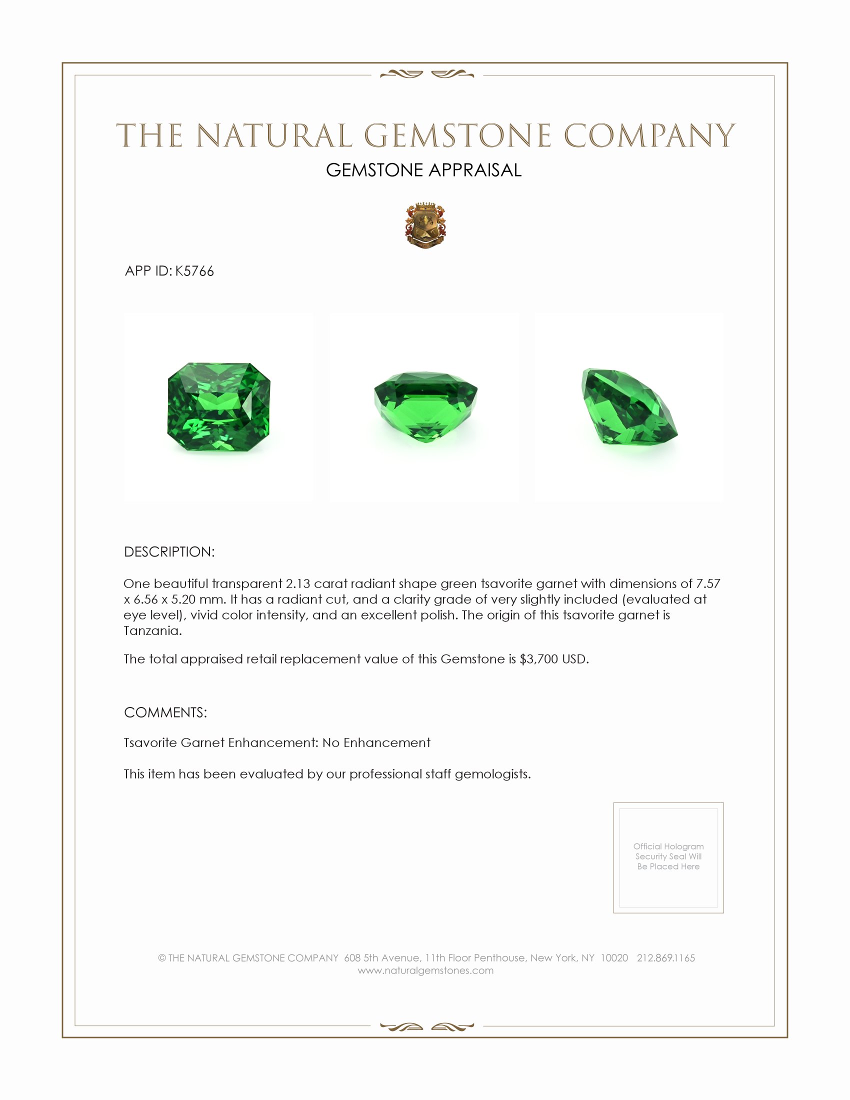 2.13 Ct. Tsavorite Garnet from Tanzania