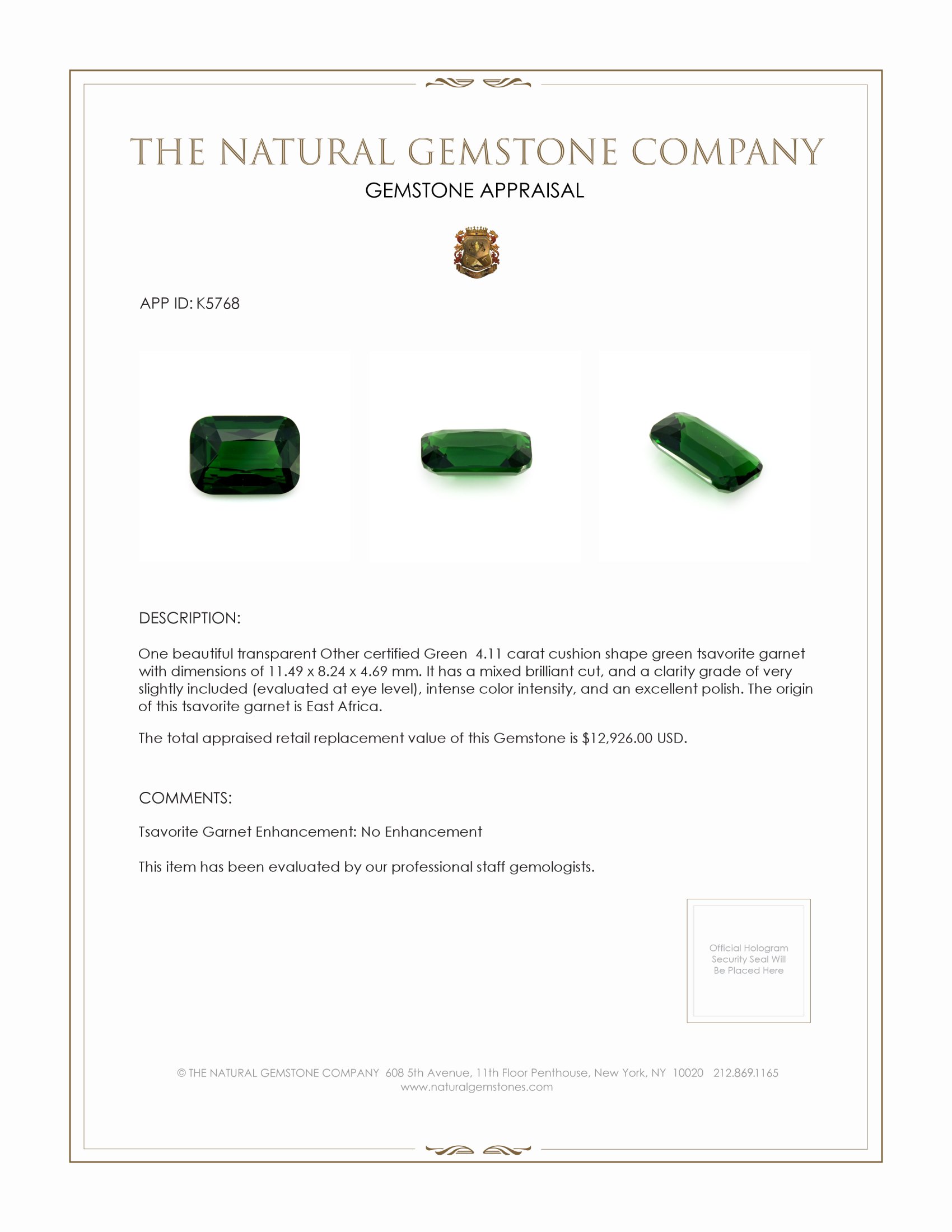 4.11 Ct. Tsavorite Garnet from East Africa