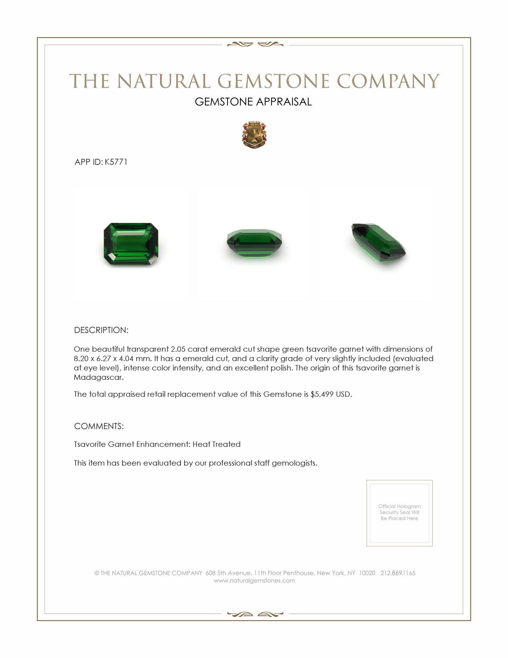 2.05 Ct. Tsavorite Garnet from Madagascar