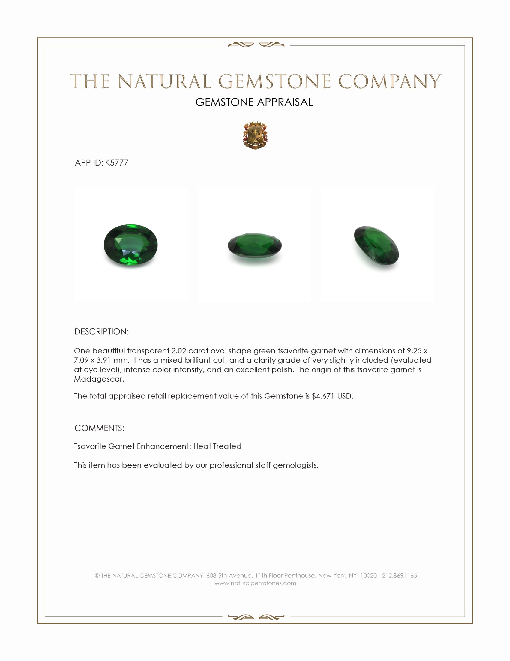 2.02 Ct. Tsavorite Garnet from Madagascar