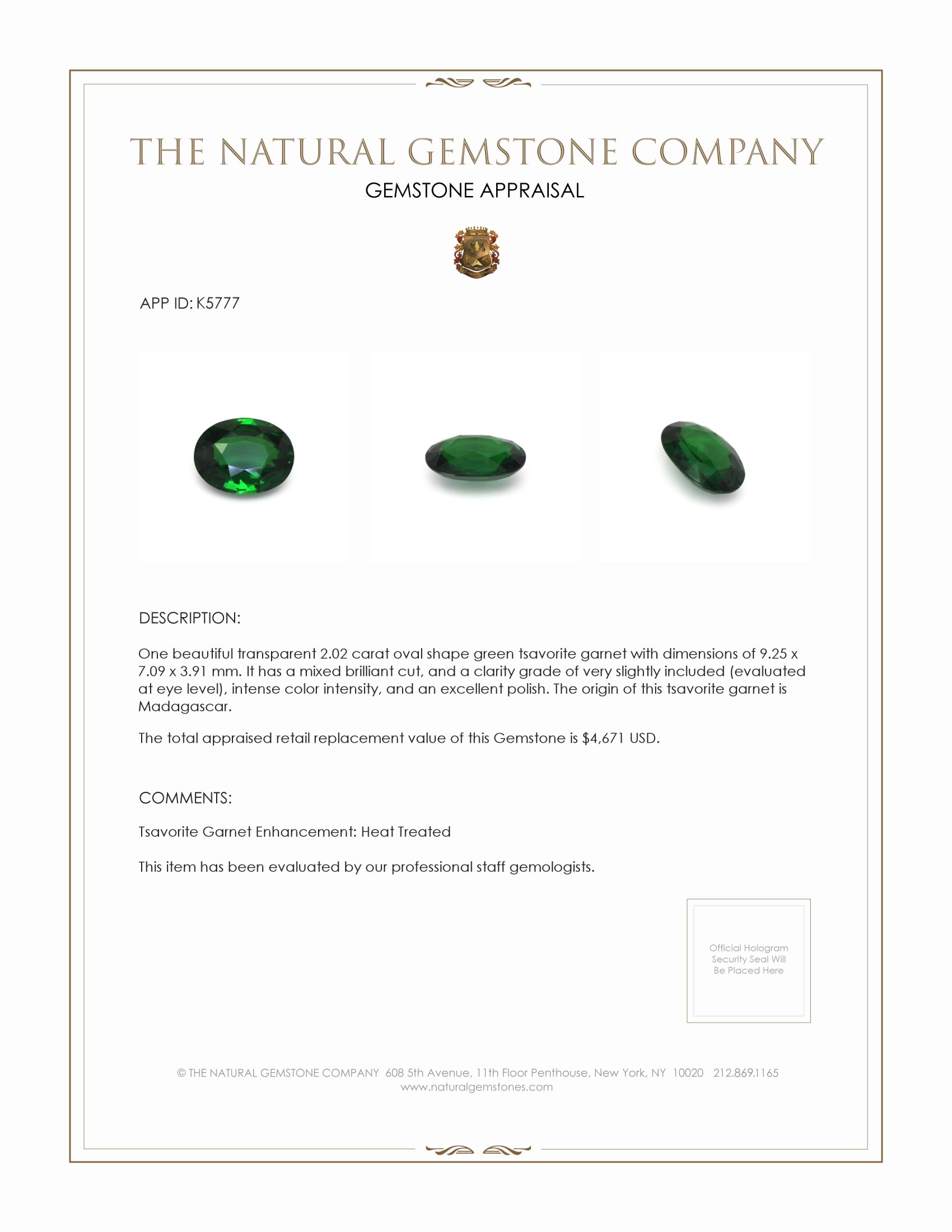 2.02 Ct. Tsavorite Garnet from Madagascar