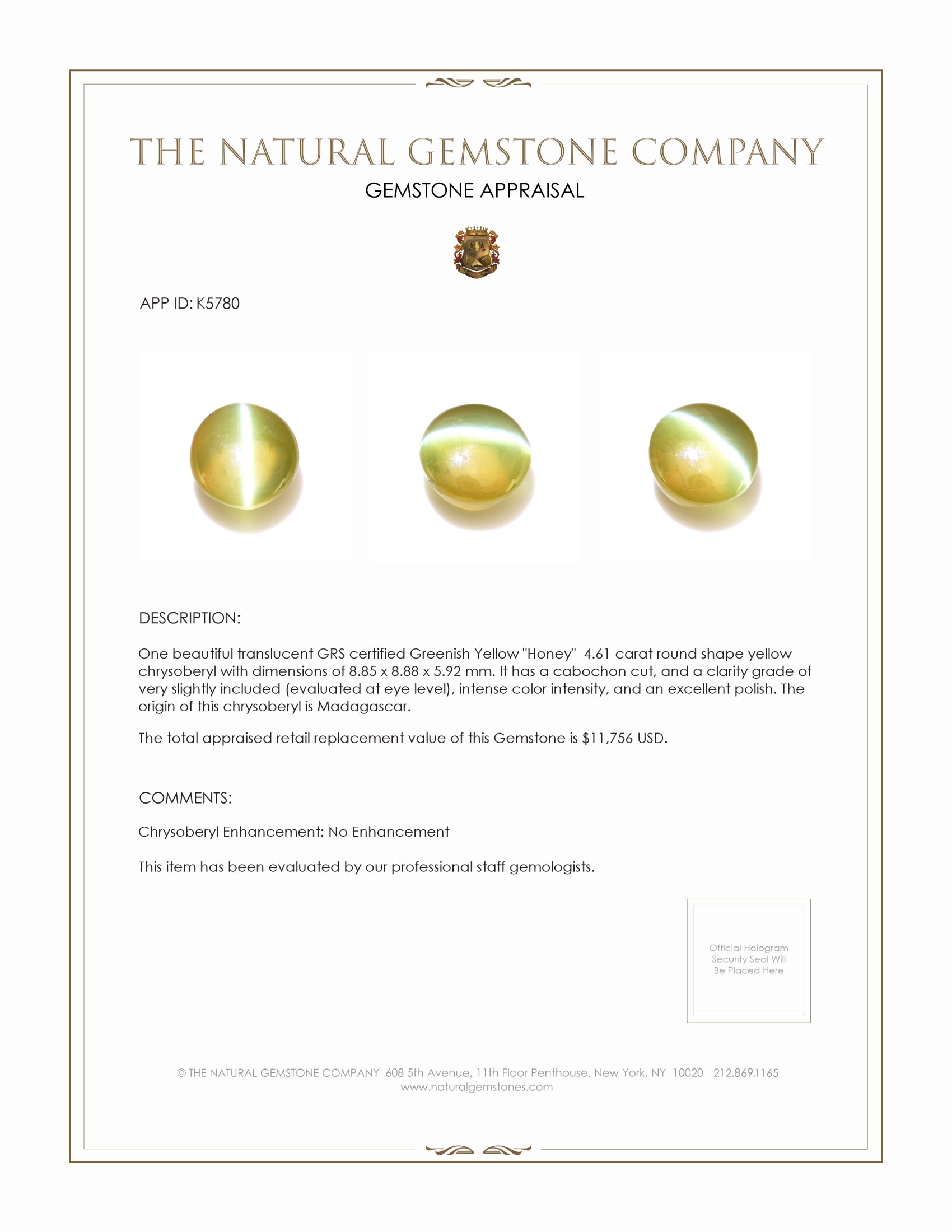 4.61 Ct. Yellow Cabochon Chrysoberyl from Madagascar