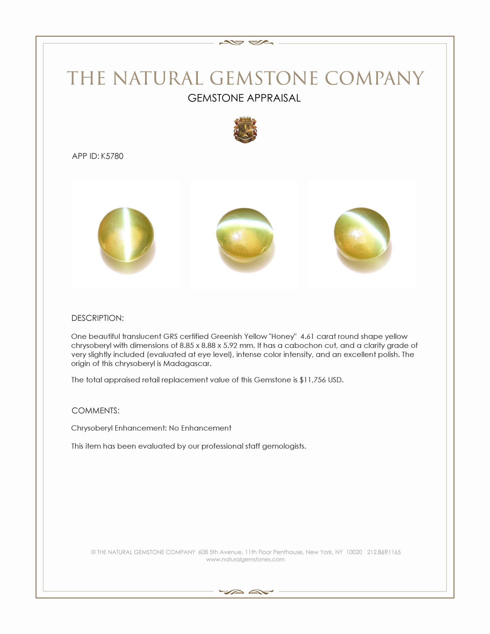 4.61 Ct. Cabochon Chrysoberyl from Madagascar