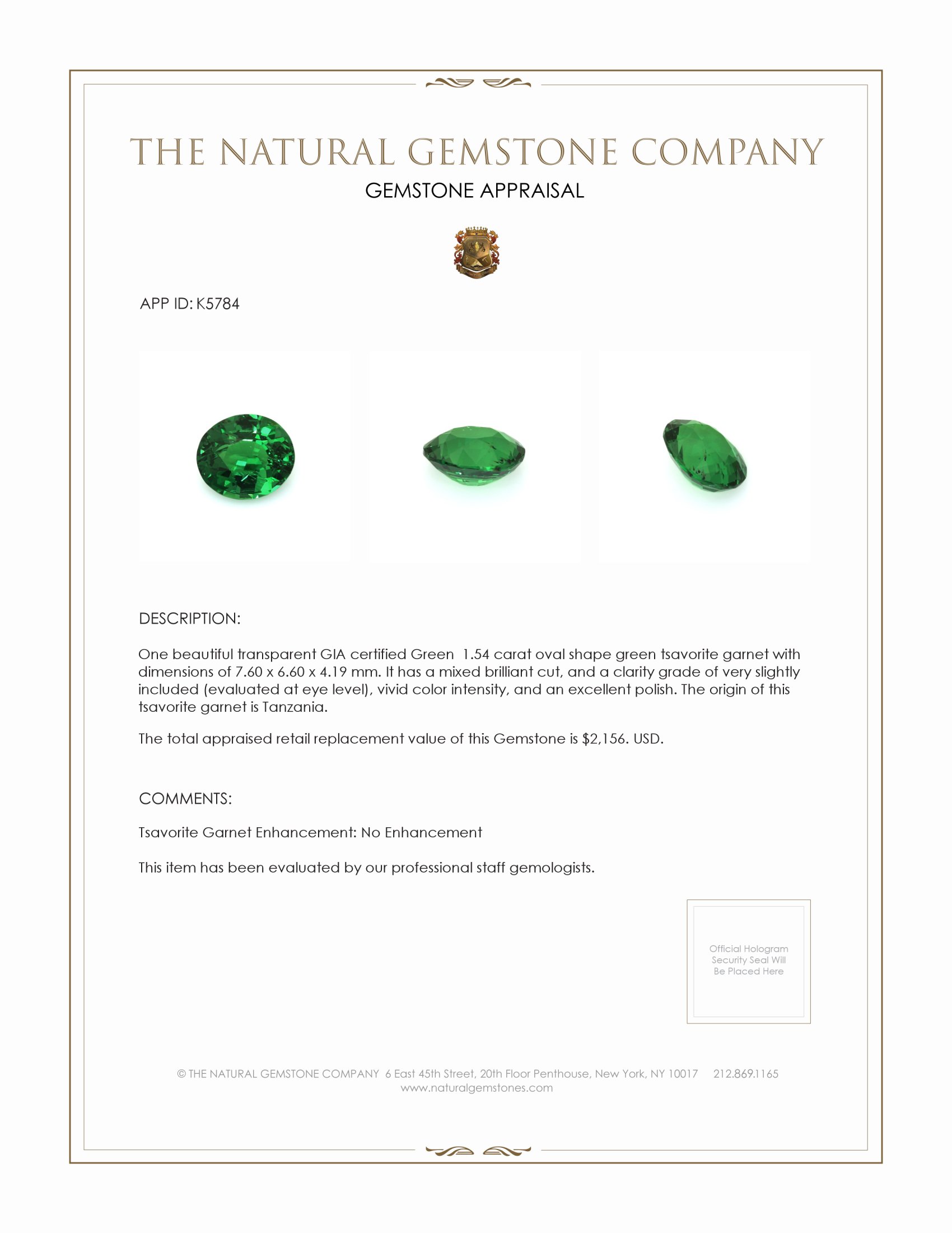 1.54 Ct. Tsavorite Garnet from Tanzania