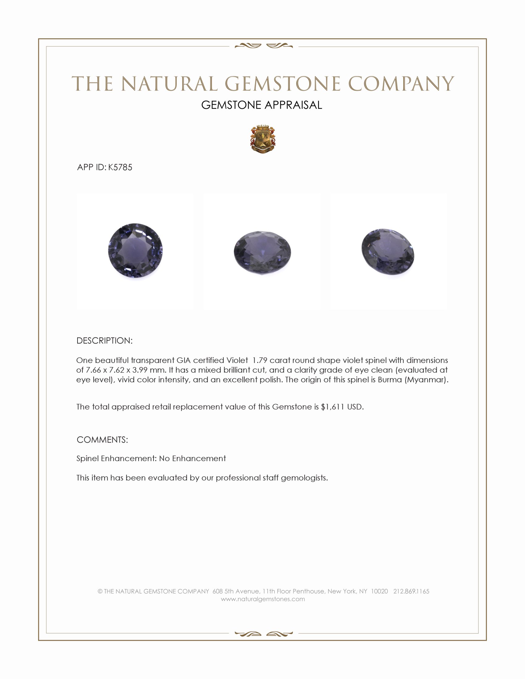 1.79 Ct. Violet Spinel from Burma (Myanmar)
