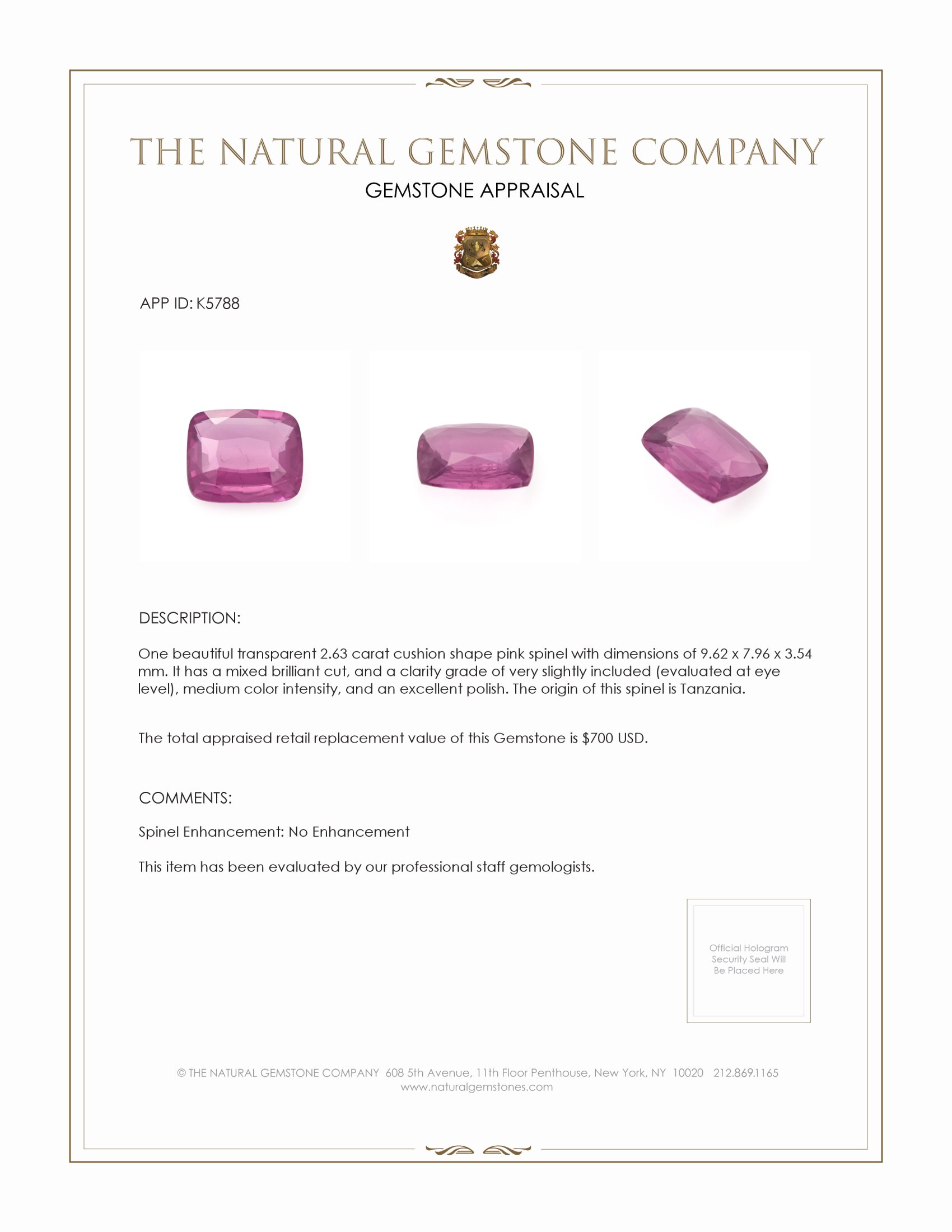 2.63 Ct. Spinel from Tanzania