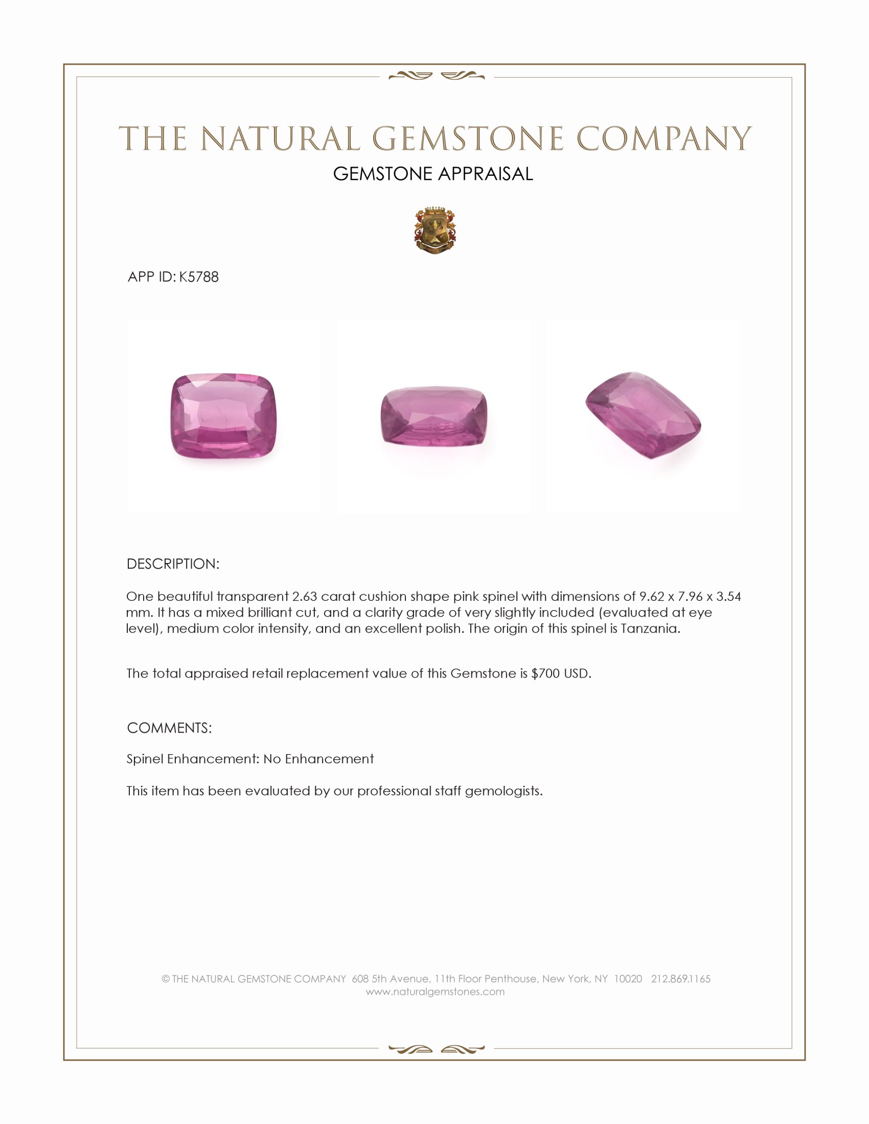 2.63 Ct. Pink Spinel from Tanzania