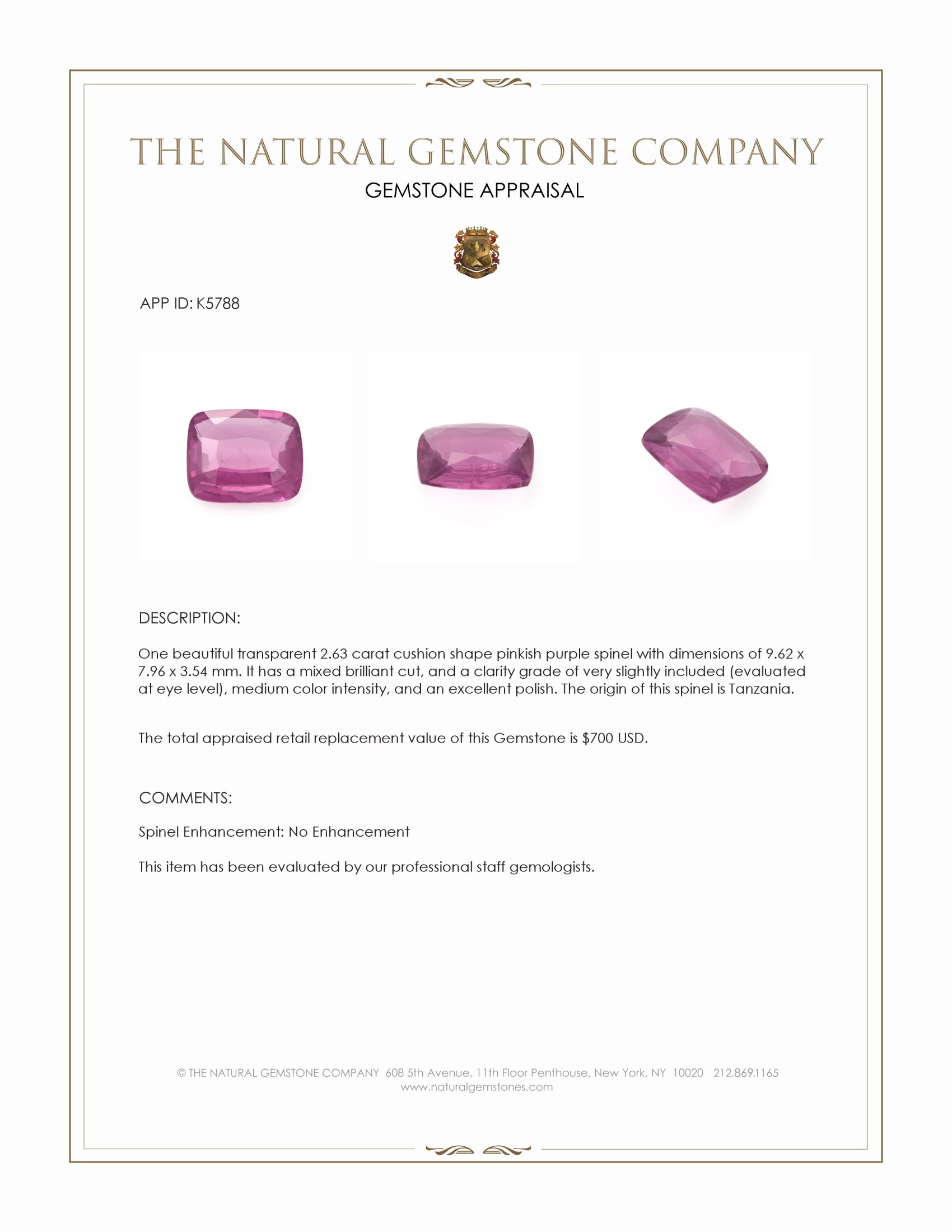2.63 Ct. Pinkish Purple Spinel from Tanzania