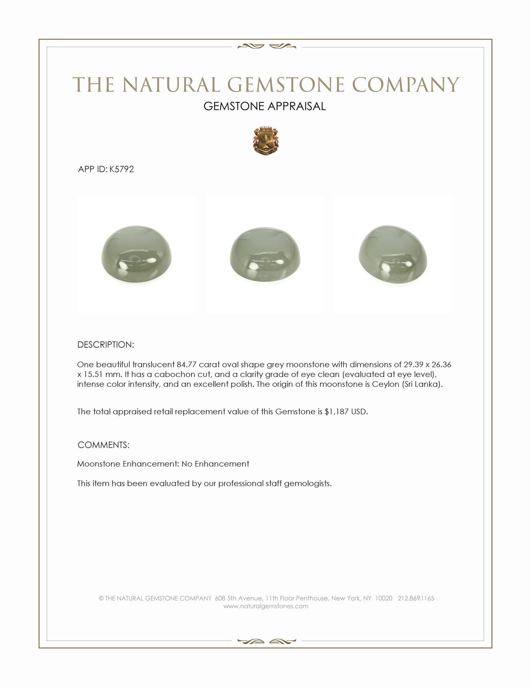 84.77 Ct. Grey Cabochon Moonstone from Ceylon (Sri Lanka)