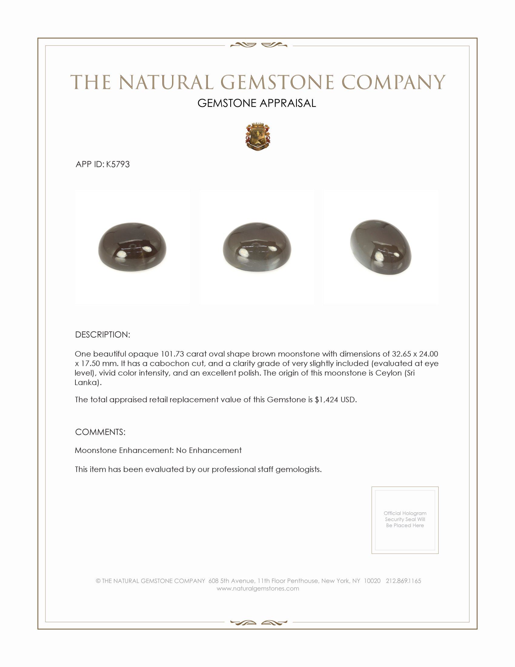 101.73 Ct. Cabochon Moonstone from Ceylon (Sri Lanka)