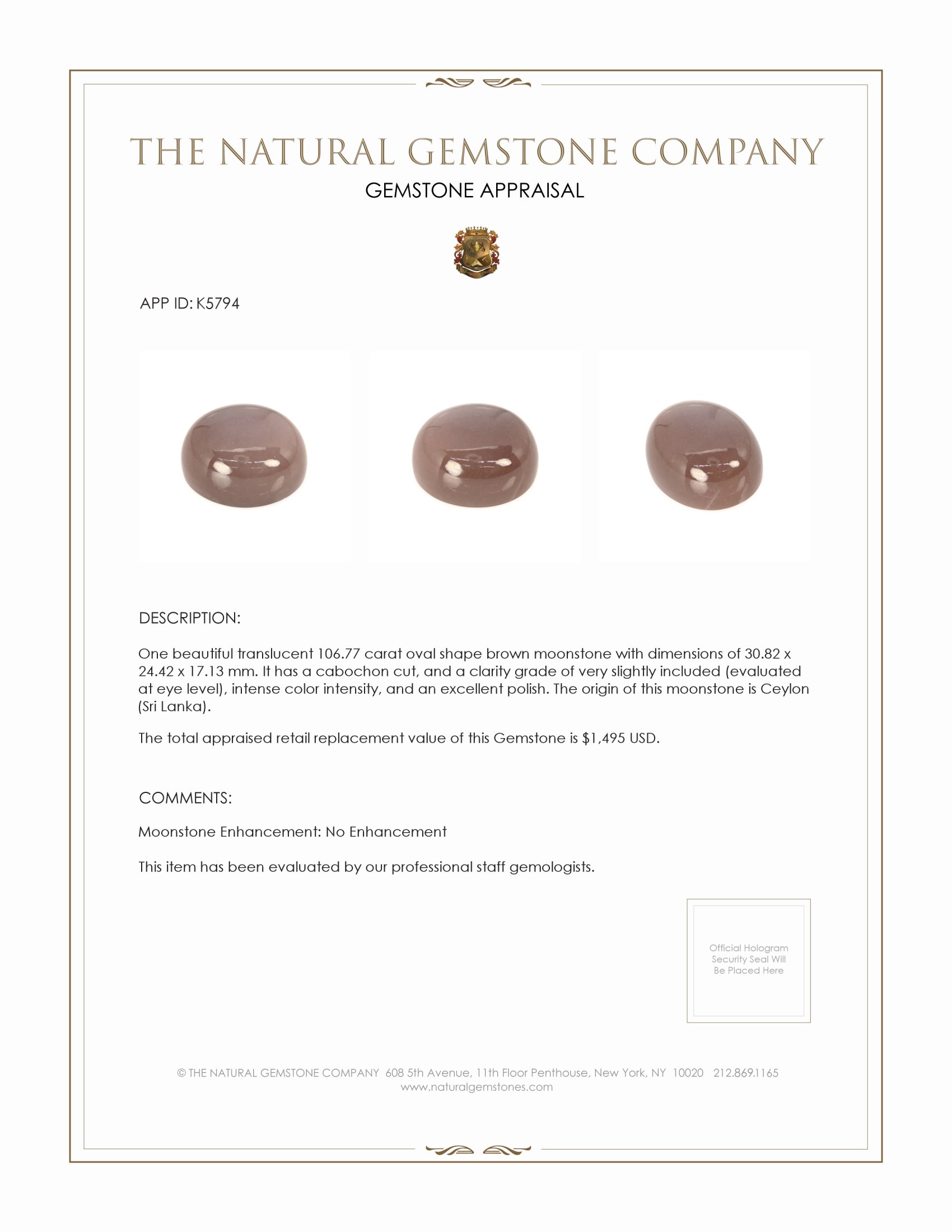 106.77 Ct. Cabochon Moonstone from Ceylon (Sri Lanka)