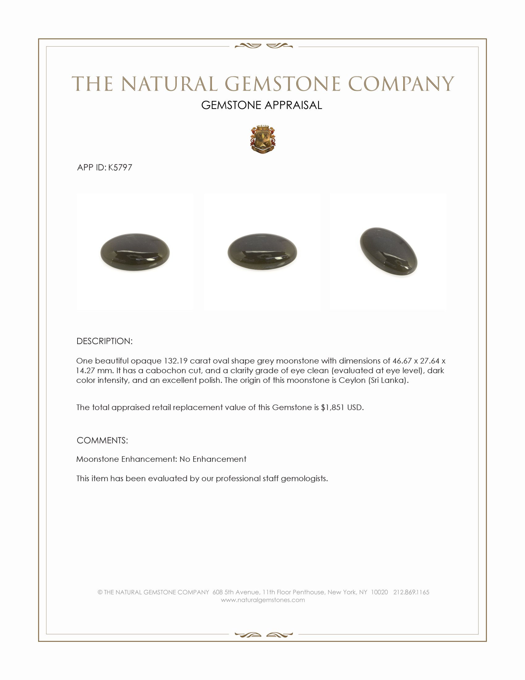 132.19 Ct. Grey Cabochon Moonstone from Ceylon (Sri Lanka)