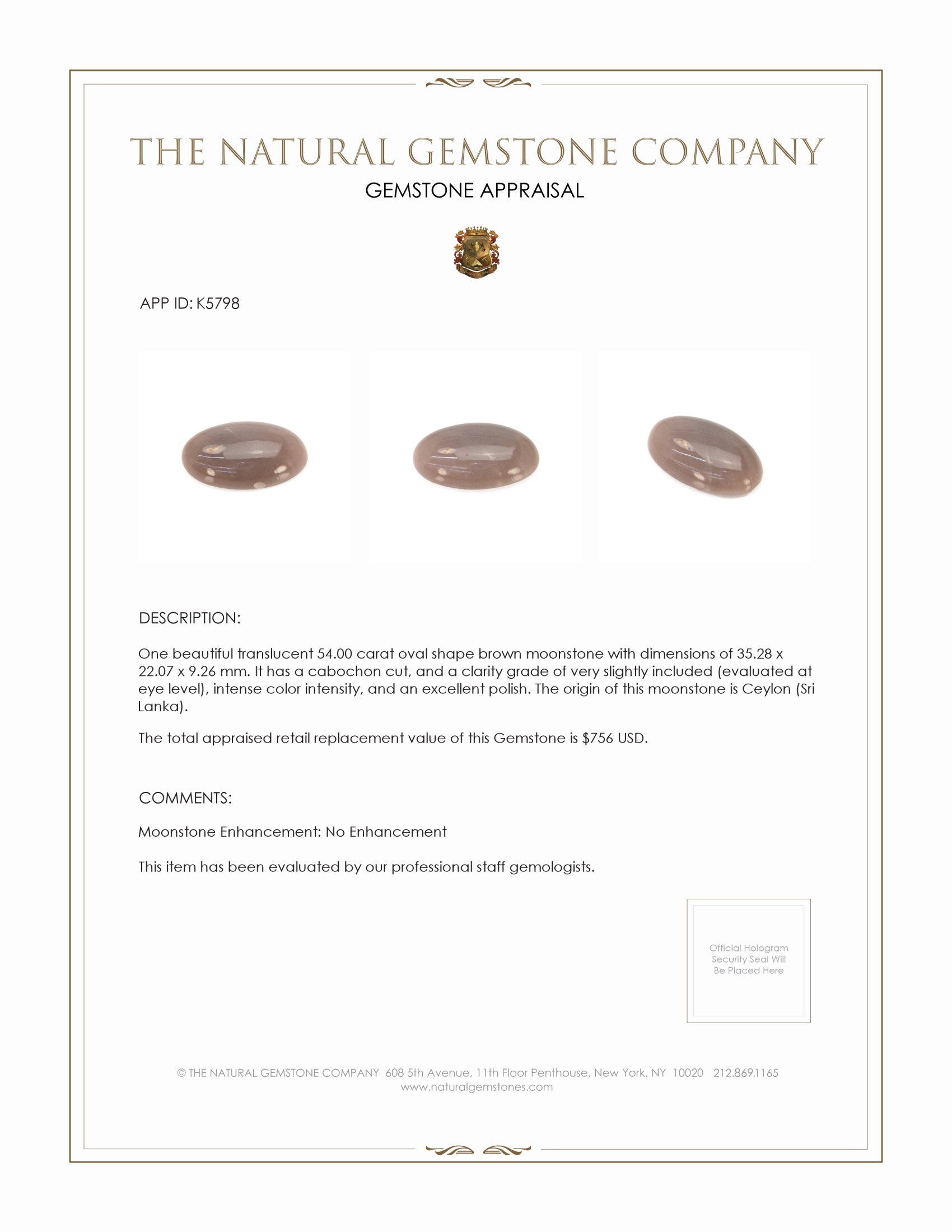 54.00 Ct. Cabochon Moonstone from Ceylon (Sri Lanka)