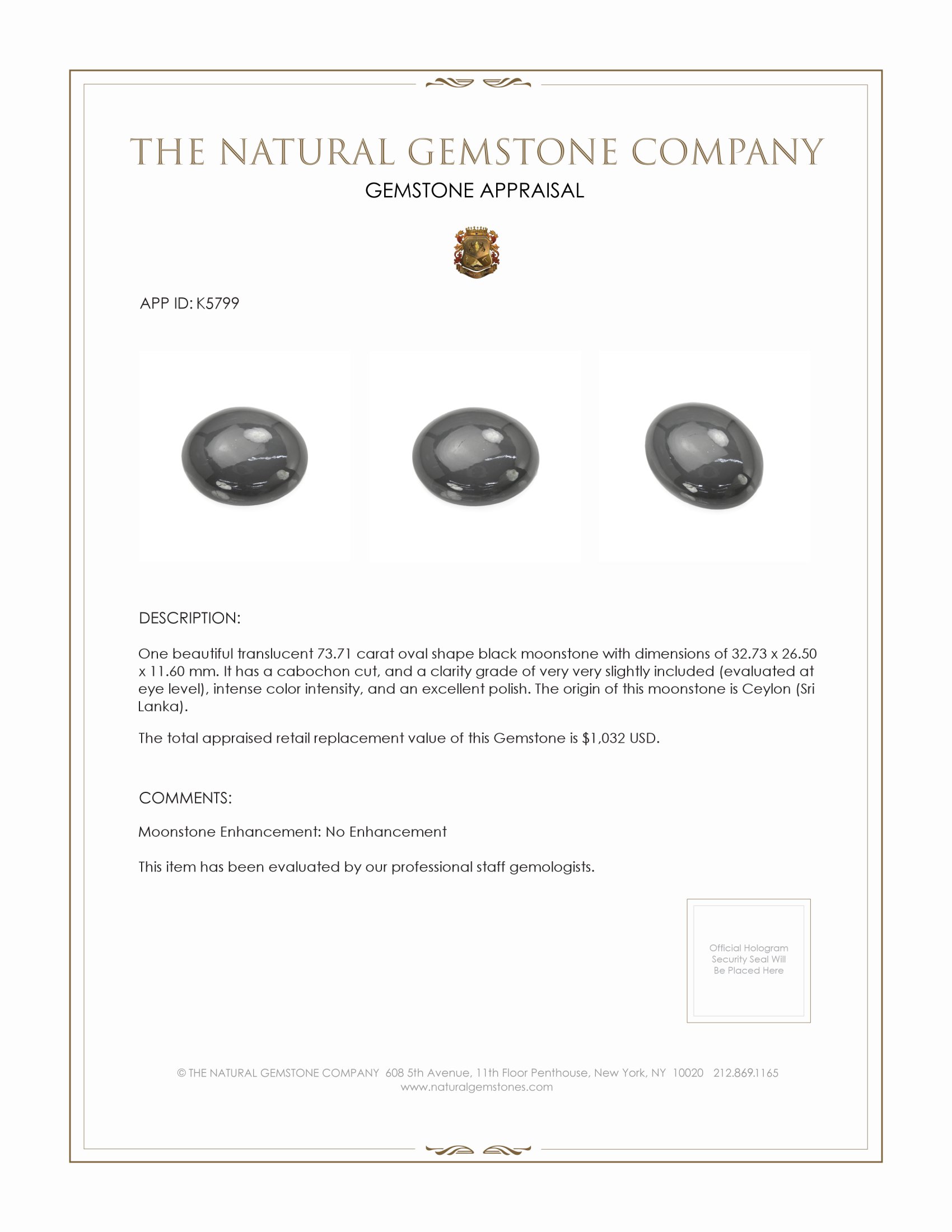 73.71 Ct. Cabochon Moonstone from Ceylon (Sri Lanka)