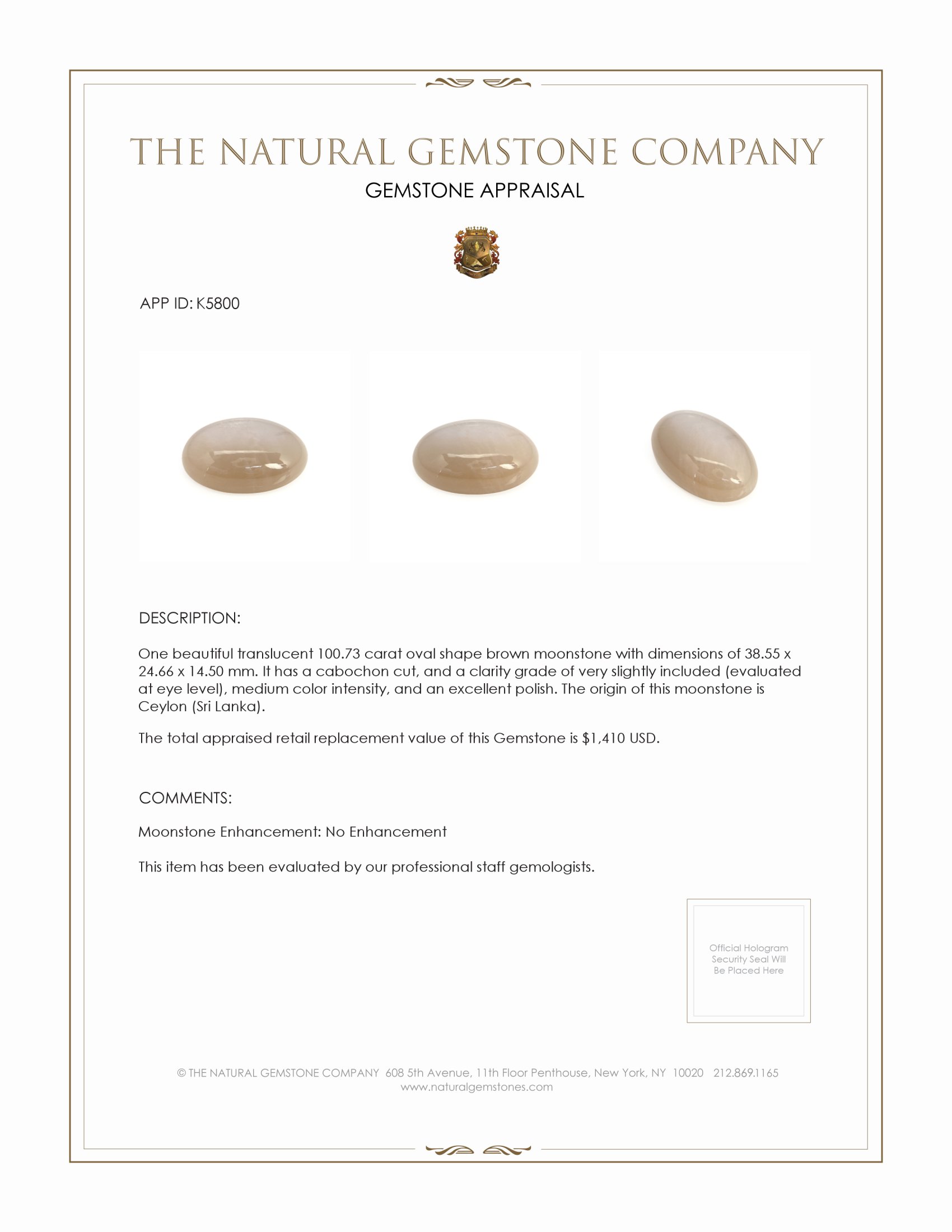 100.73 Ct. Cabochon Moonstone from Ceylon (Sri Lanka)