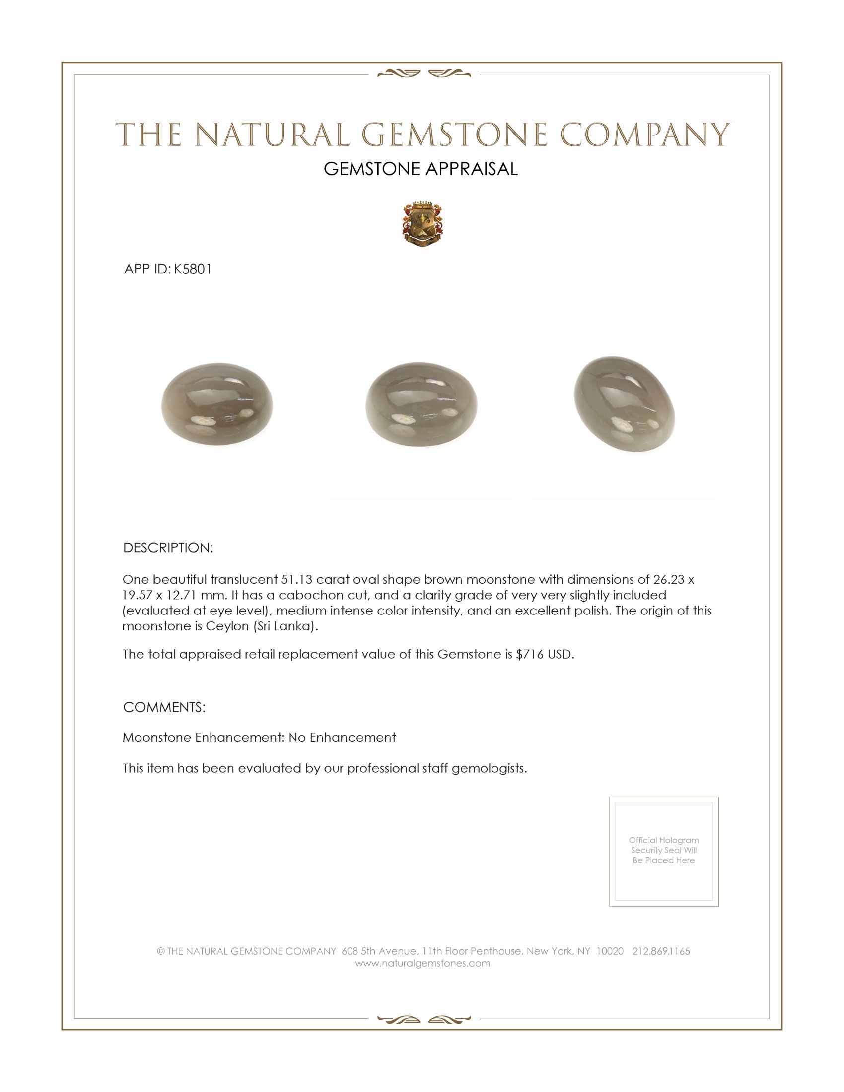 51.13 Ct. Cabochon Moonstone from Ceylon (Sri Lanka)