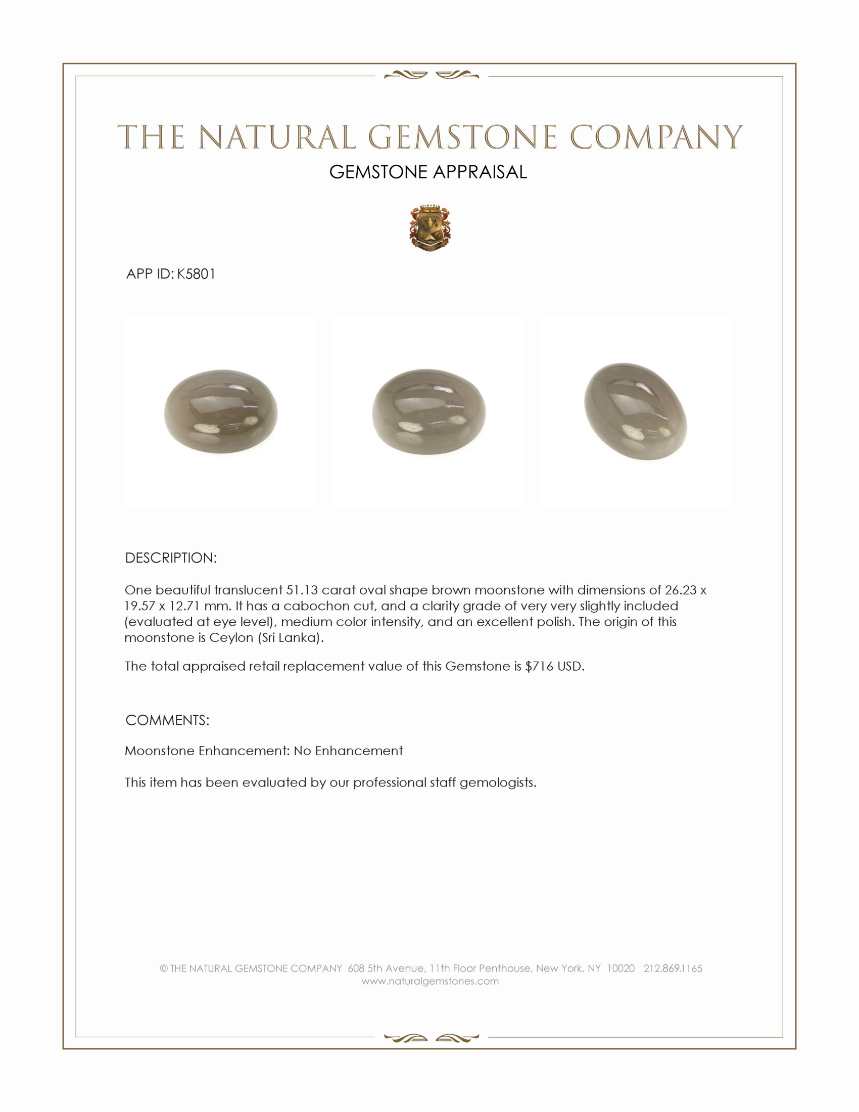 51.13 Ct. Cabochon Moonstone from Ceylon (Sri Lanka)